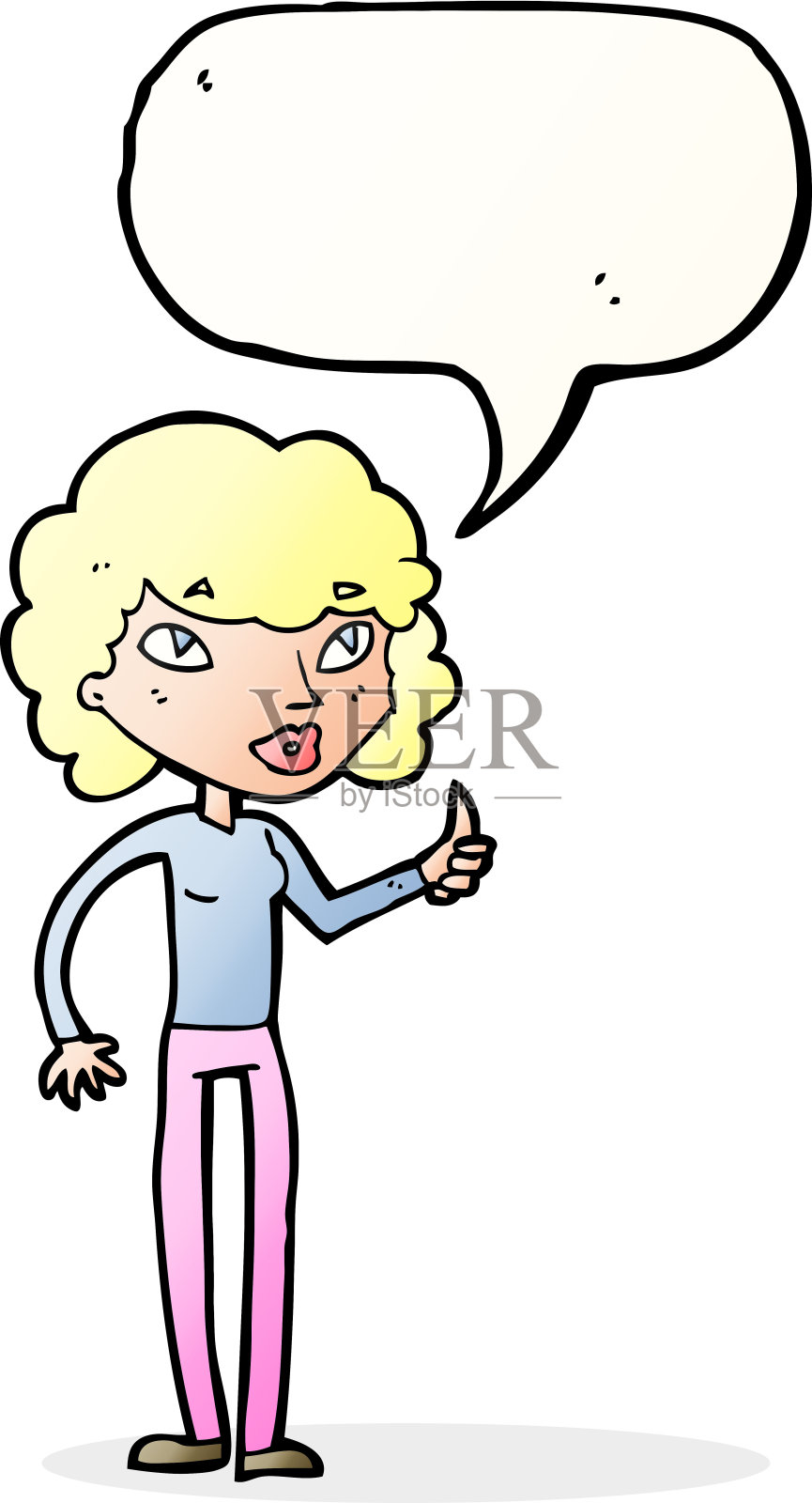 卡通女人竖起大拇指的符号与语音泡泡设计元素图片