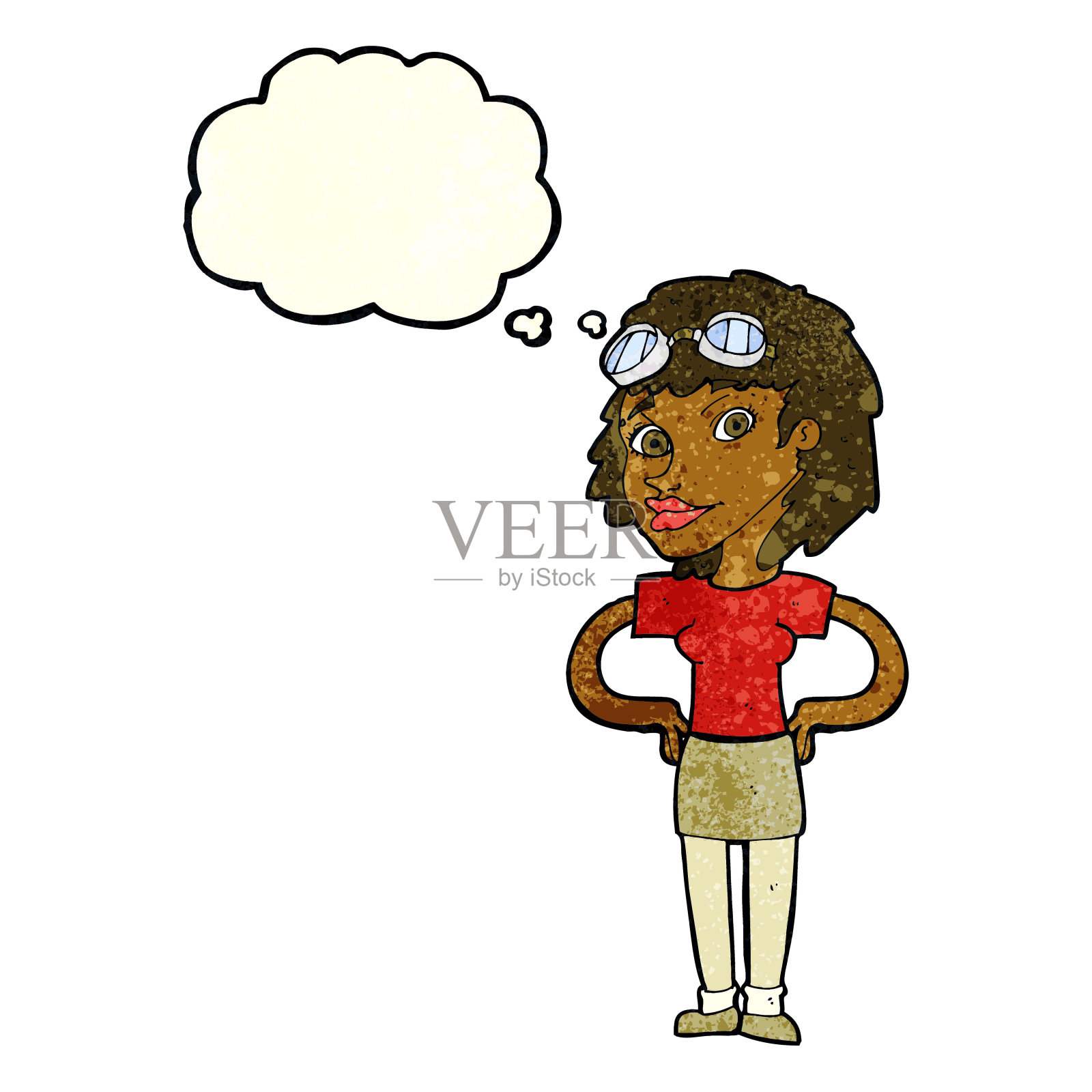 卡通复古飞行员女人与思想泡泡插画图片素材