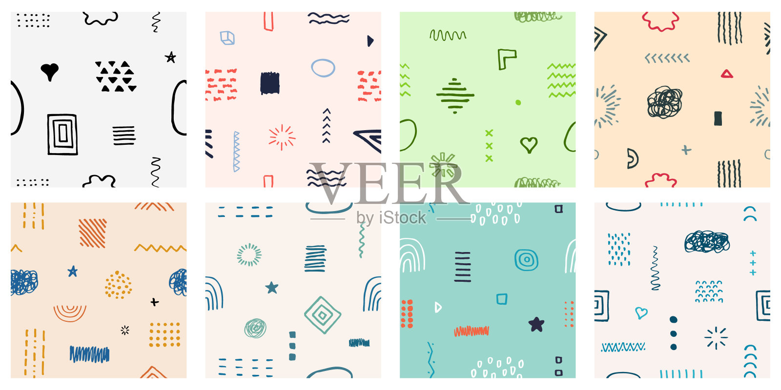 矢量插图。可爱的无缝背景设置。抽象的图案。时尚50年代，60年代。复古时髦的图形。手绘打印元素。重复方形横幅。极简主义色彩背景。包装设计插画图片素材