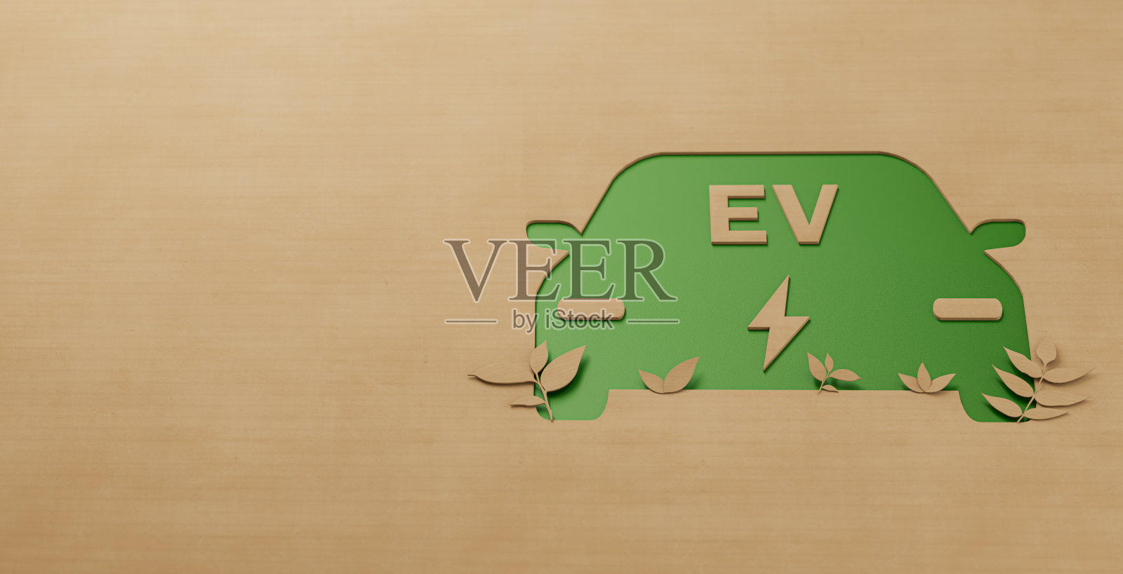 汽车图标纸板与装饰剪纸植物内生长，新的生态友好和可再生动力电动汽车概念，绿色能源交通行业未来3D插图剪纸照片摄影图片