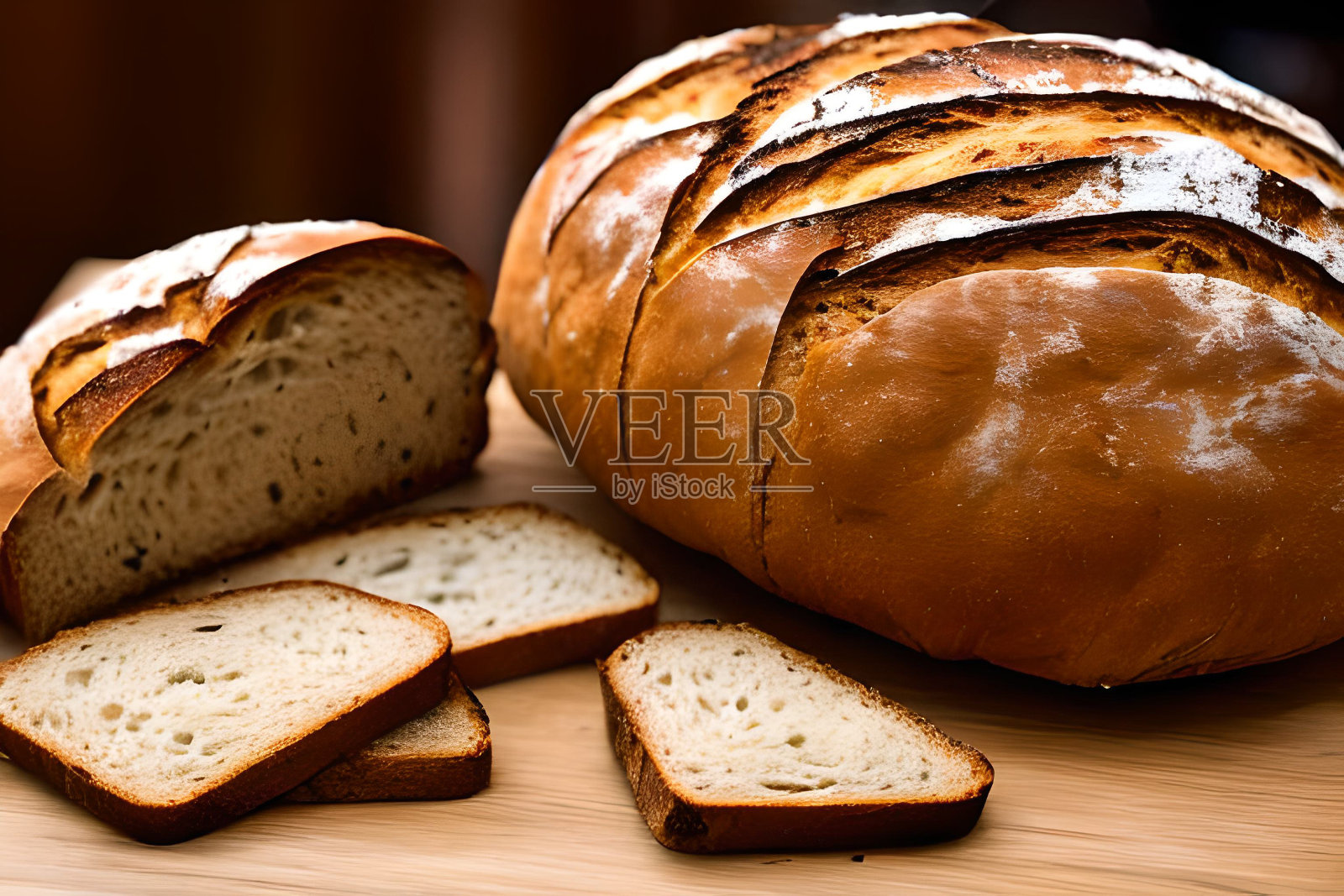 餐桌上的切片酸面包。照片摄影图片
