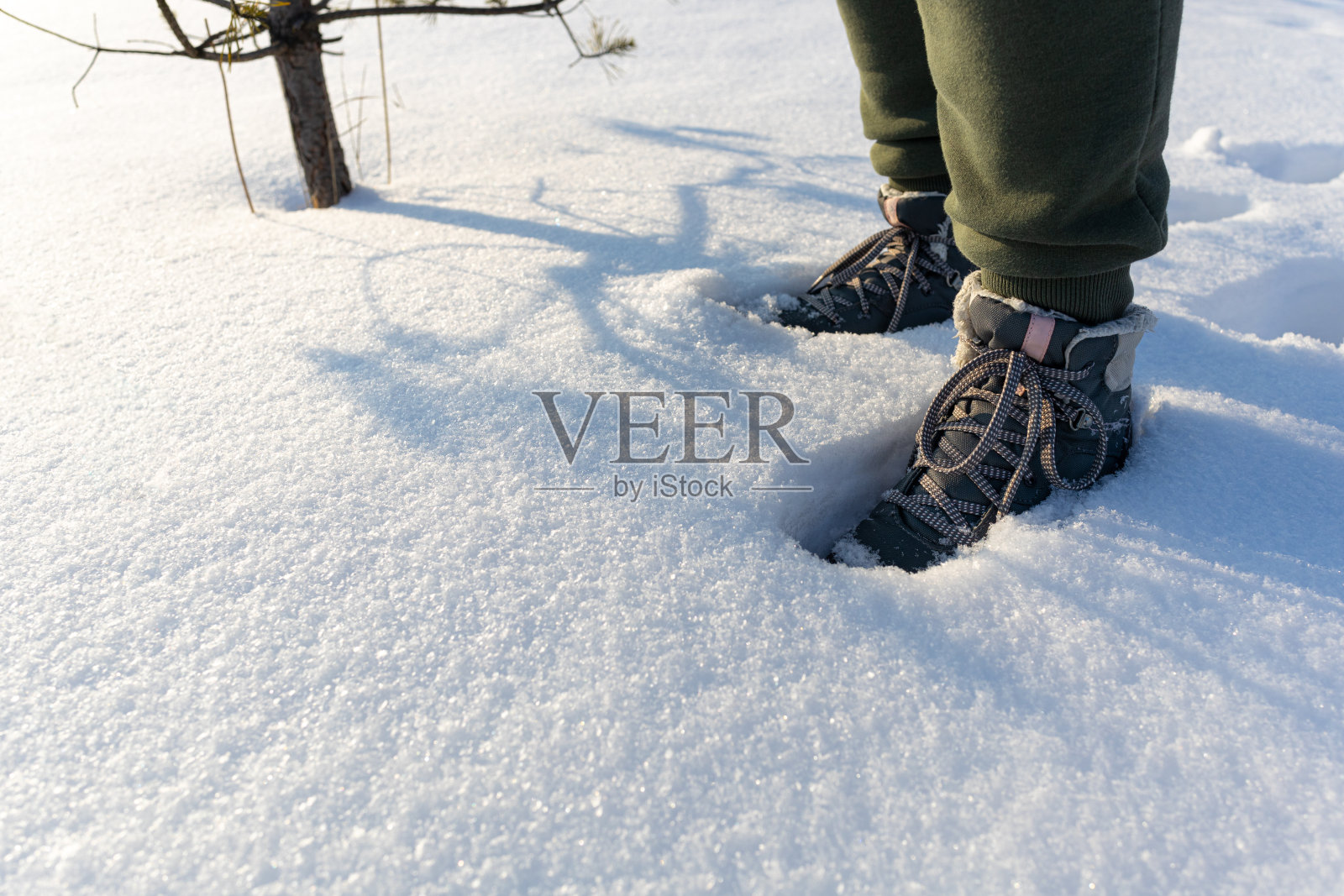 一个男人在森林里的雪地里行走。照片摄影图片