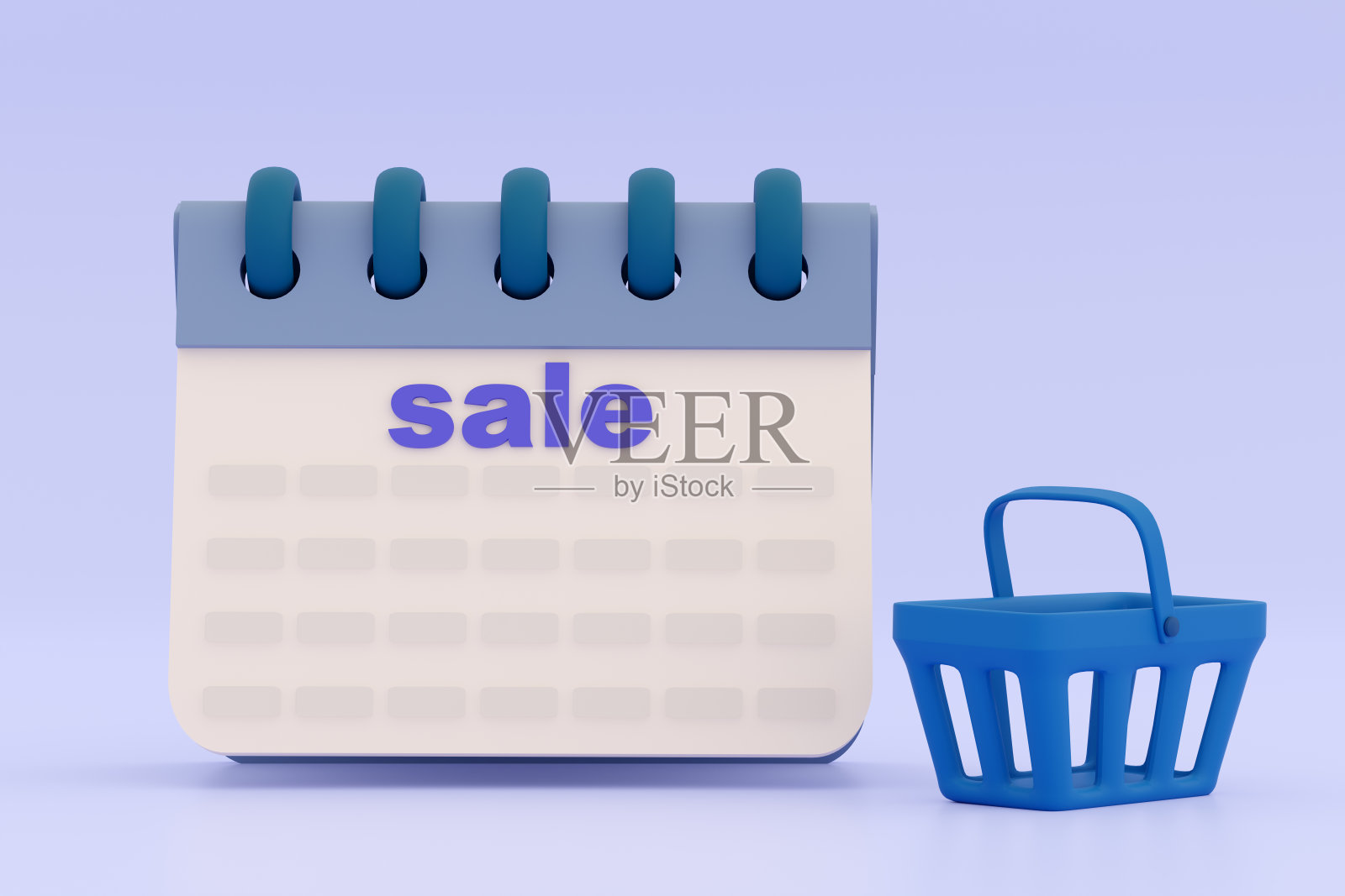 日历持有空购物篮孤立的紫色背景。3 d演示。照片摄影图片