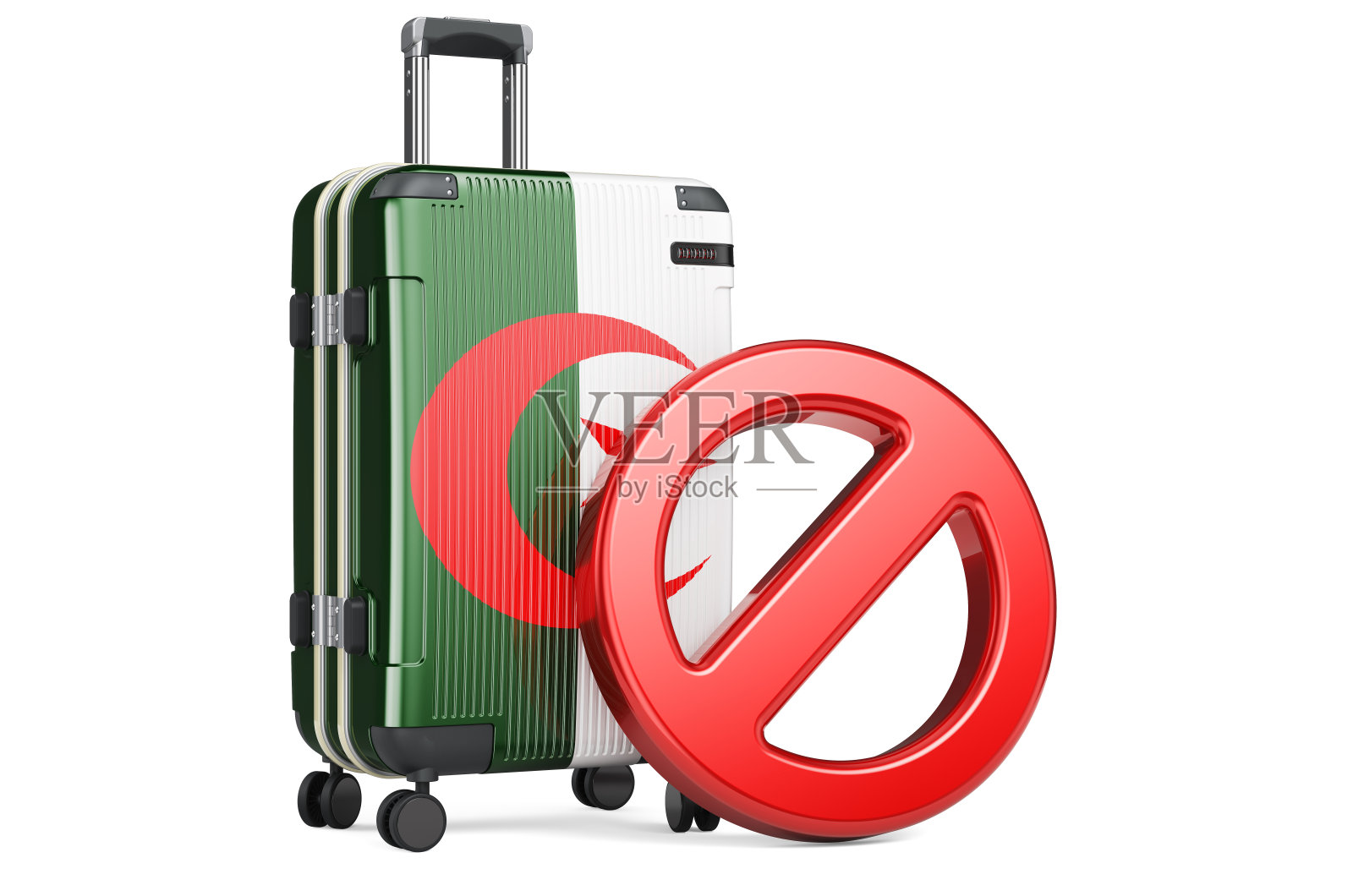 阿尔及利亚禁止入境。箱子上有阿尔及利亚国旗和禁酒标志。三维渲染照片摄影图片