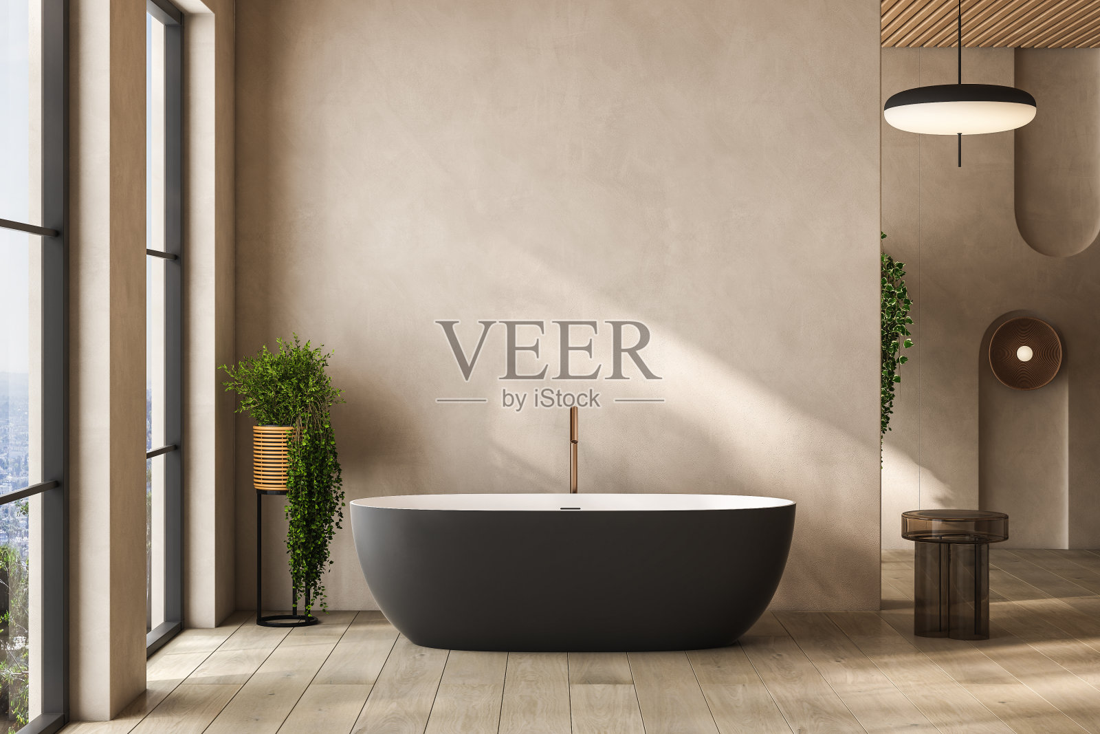 米色浴室内部，黑色浴缸，硬木地板上的地毯，植物。酒店工作室的沐浴用品和窗户。三维渲染照片摄影图片