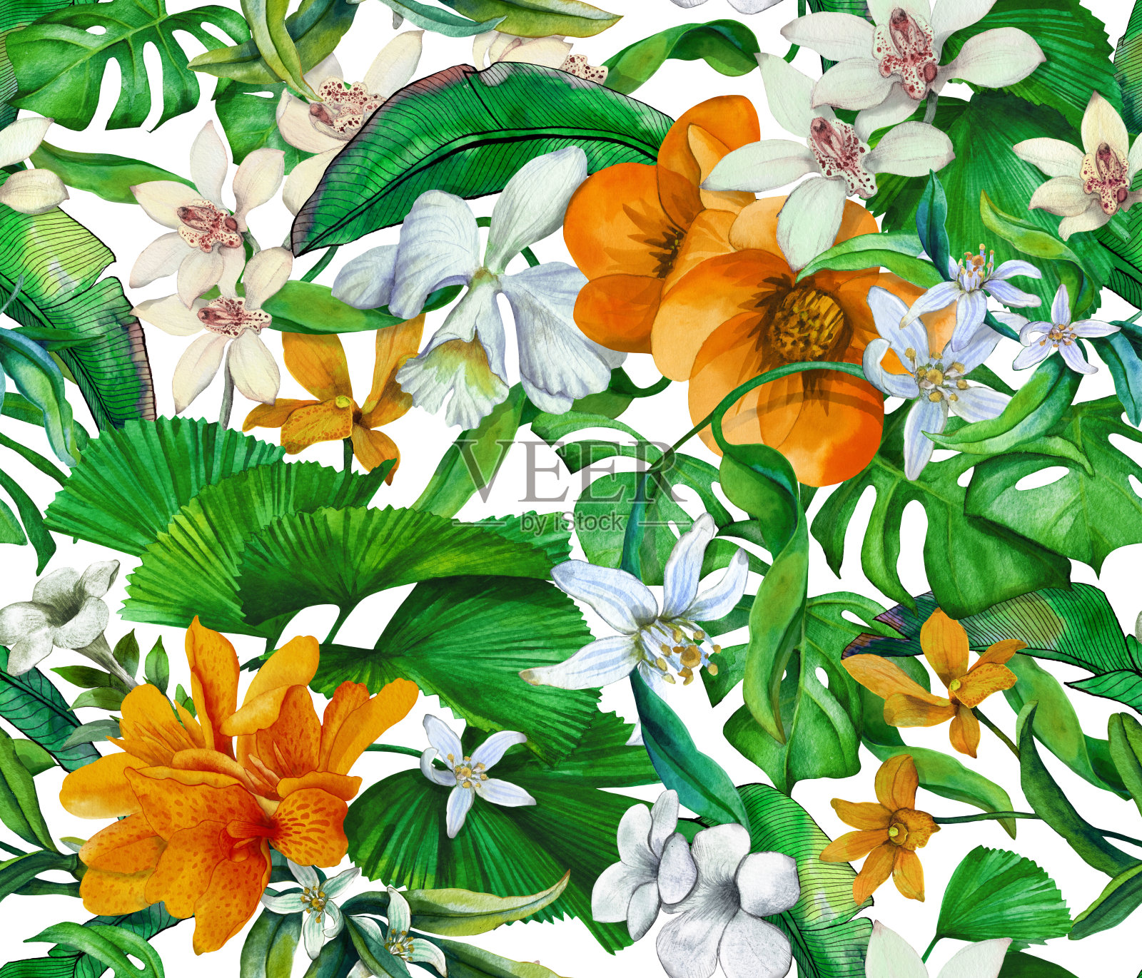 热带无缝图案与热带花卉和叶子。无缝植物壁纸与棕榈叶和兰花。插画图片素材
