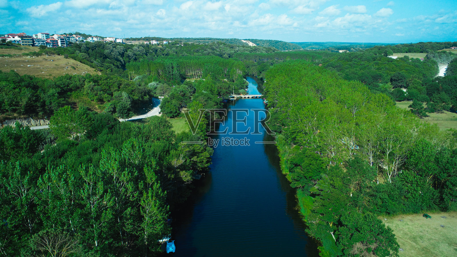 森林溪流和树木船顶部拍摄的鸟瞰无人机照片照片摄影图片