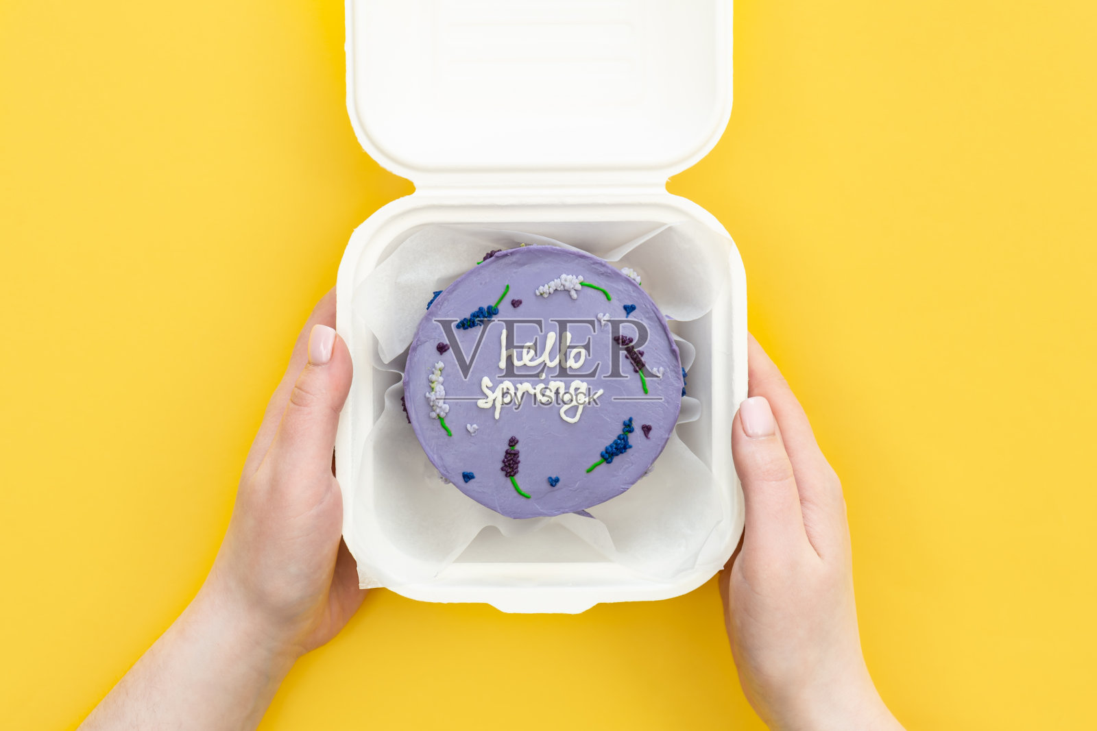 美味的便当蛋糕Hello spring在女性手中黄色背景。照片摄影图片