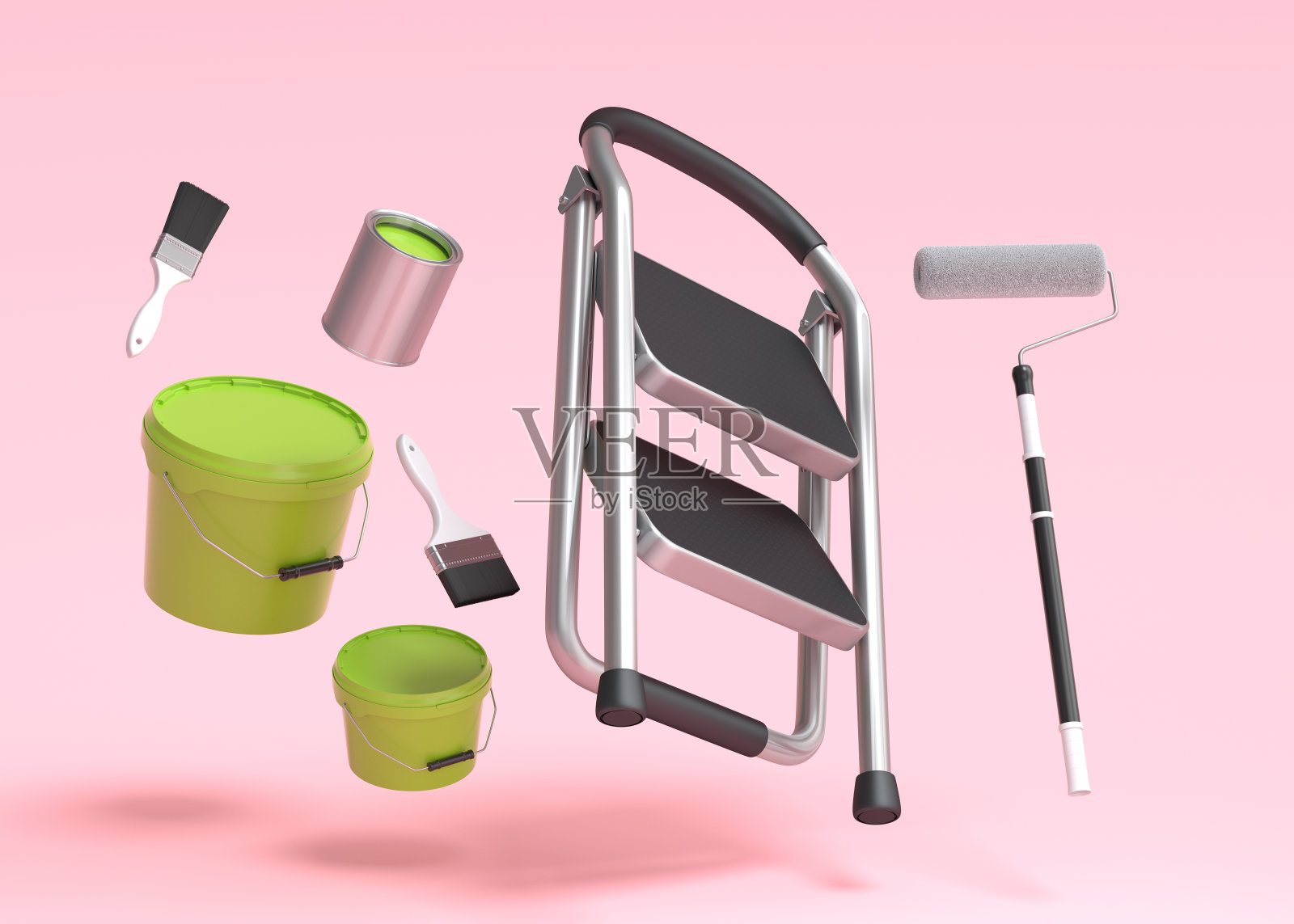 套装金属罐或桶与油漆辊，刷子和折叠梯子上的粉红色照片摄影图片