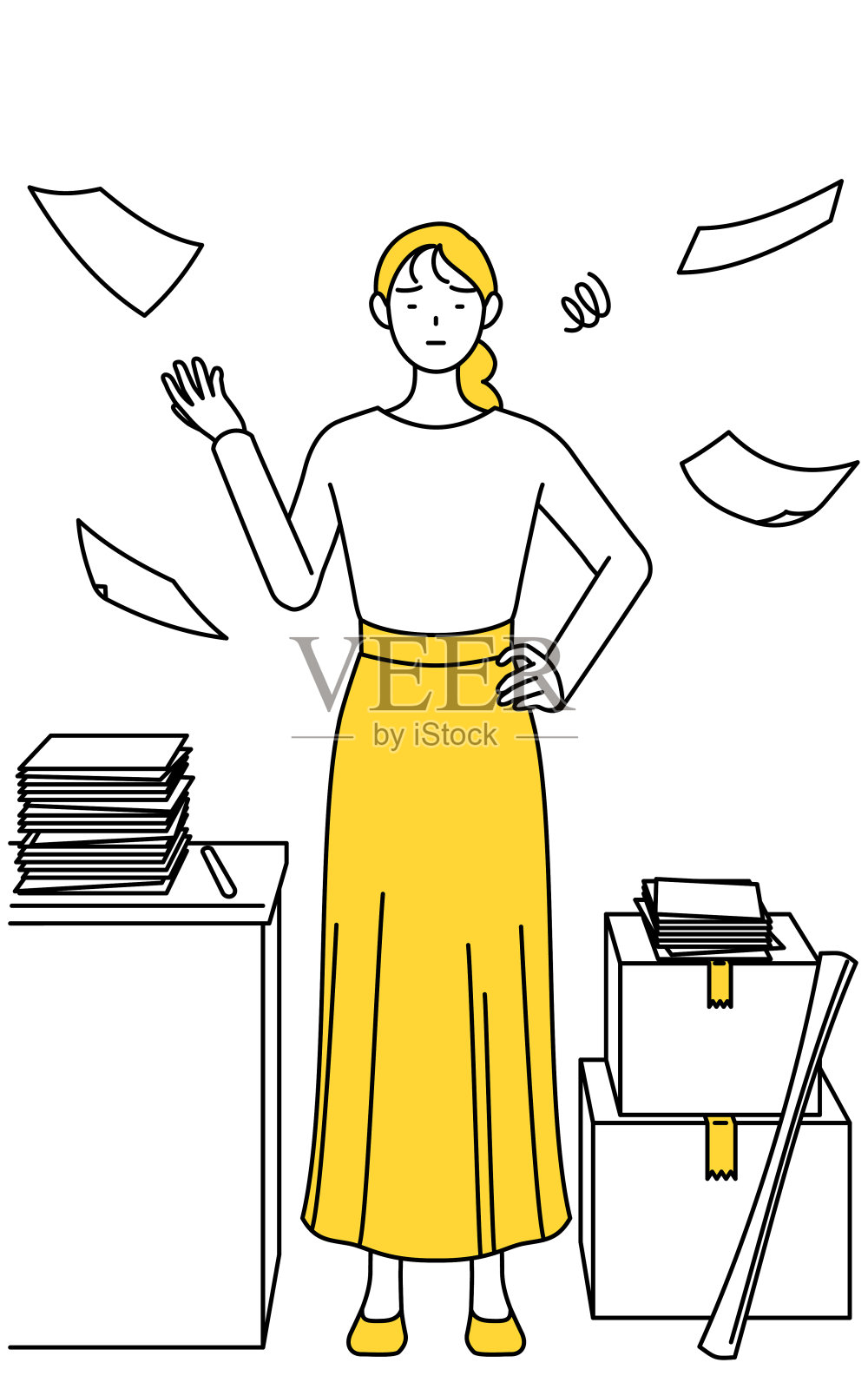 一个穿着随意的年轻女子，厌倦了她杂乱无章的生意。插画图片素材