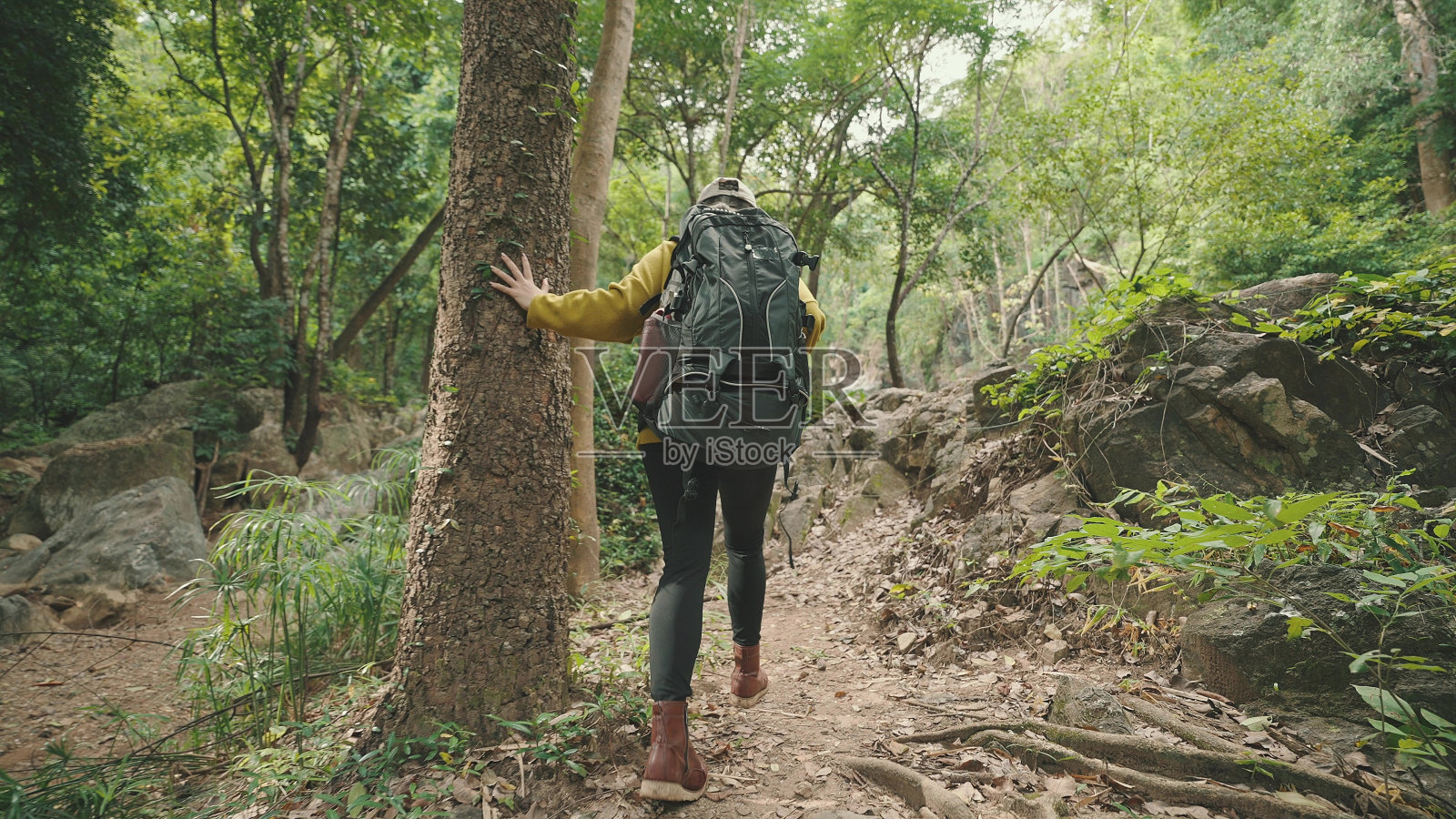 亚洲年轻女子徒步旅行和背包穿着黄色毛衣和靴子走在森林里照片摄影图片
