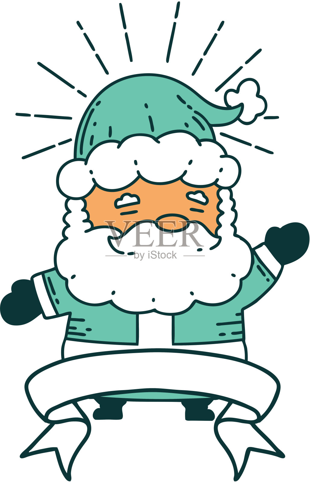 卷轴横幅上有纹身风格的圣诞老人圣诞人物插画图片素材