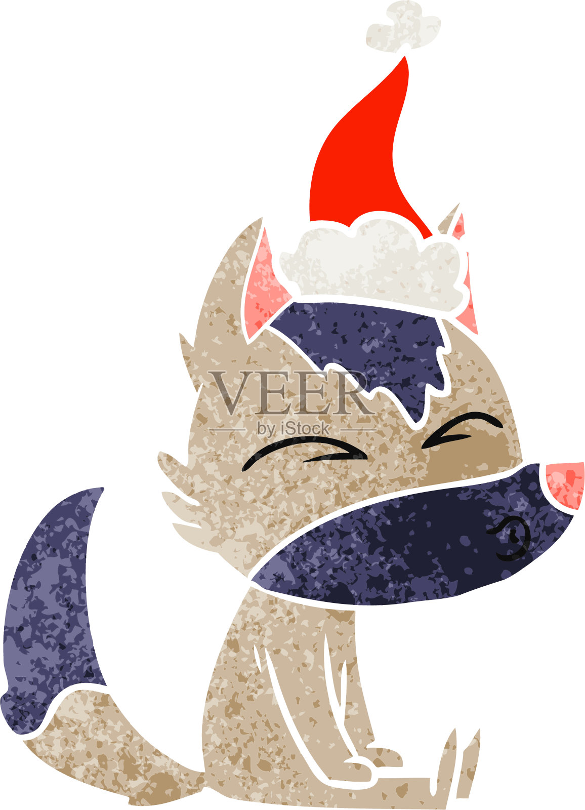 手绘的复古卡通狼吹口哨戴着圣诞老人的帽子设计元素图片