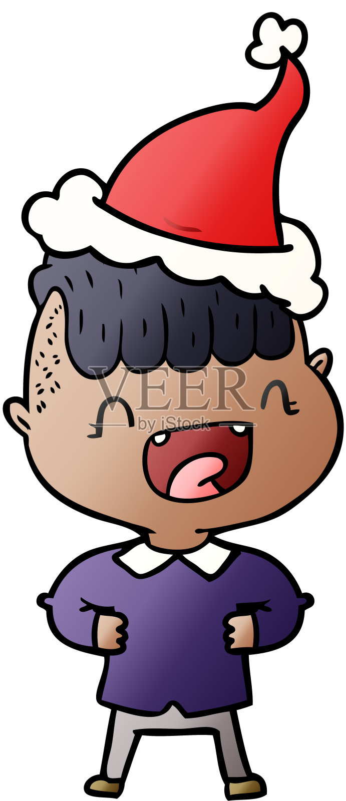 手绘渐变卡通一个快乐的男孩笑着戴着圣诞老人的帽子设计元素图片