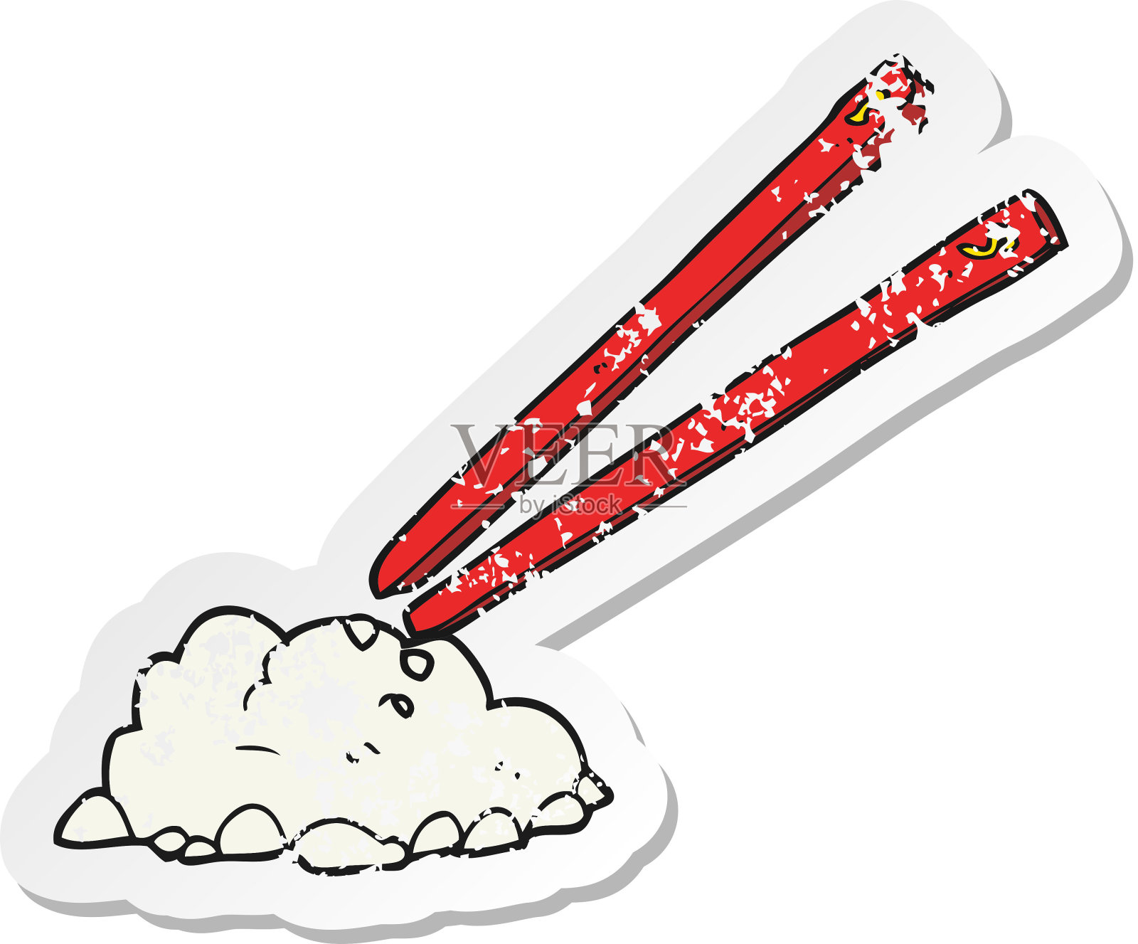 复古心疼贴纸的卡通筷子和米饭插画图片素材