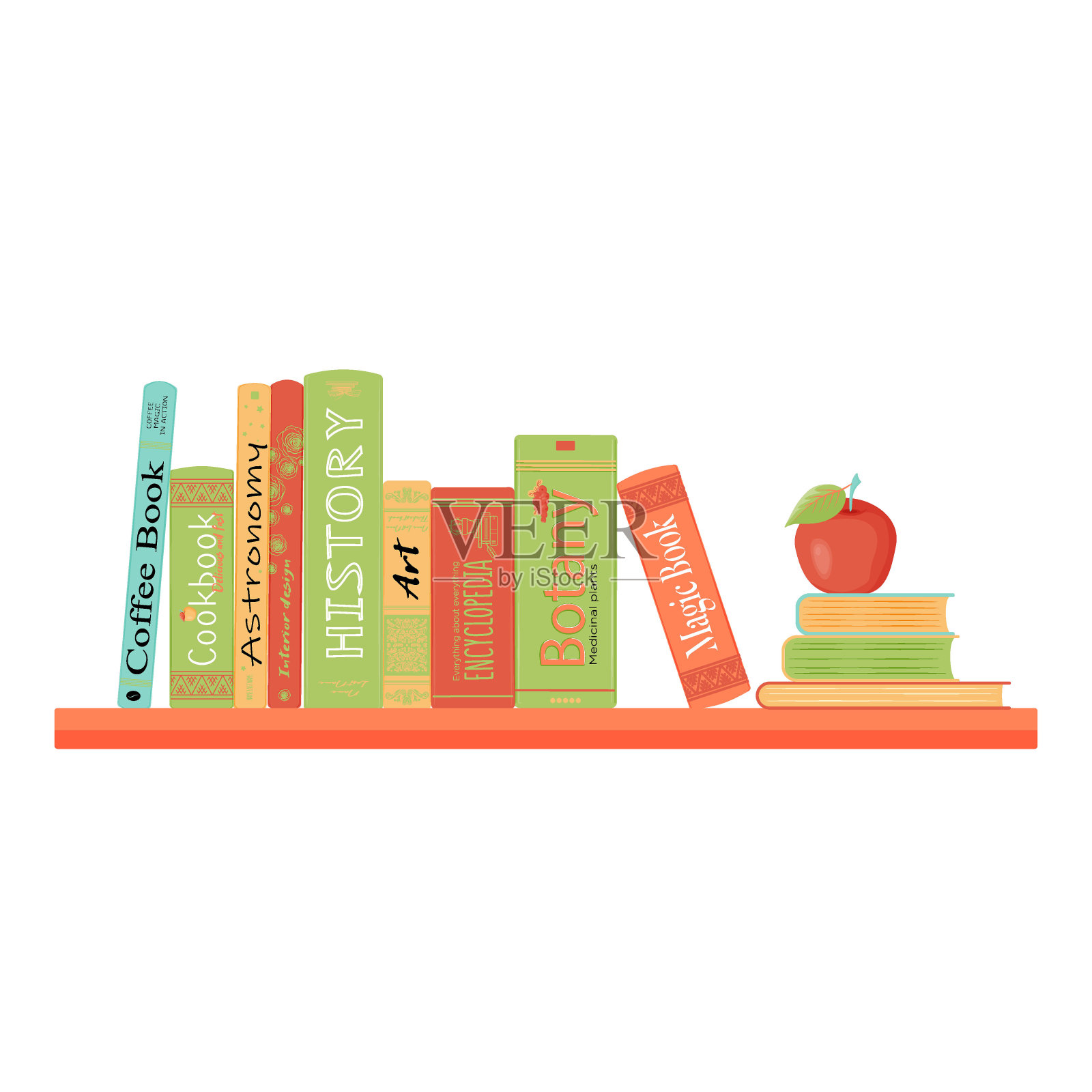 彩色的书架上有苹果插画图片素材