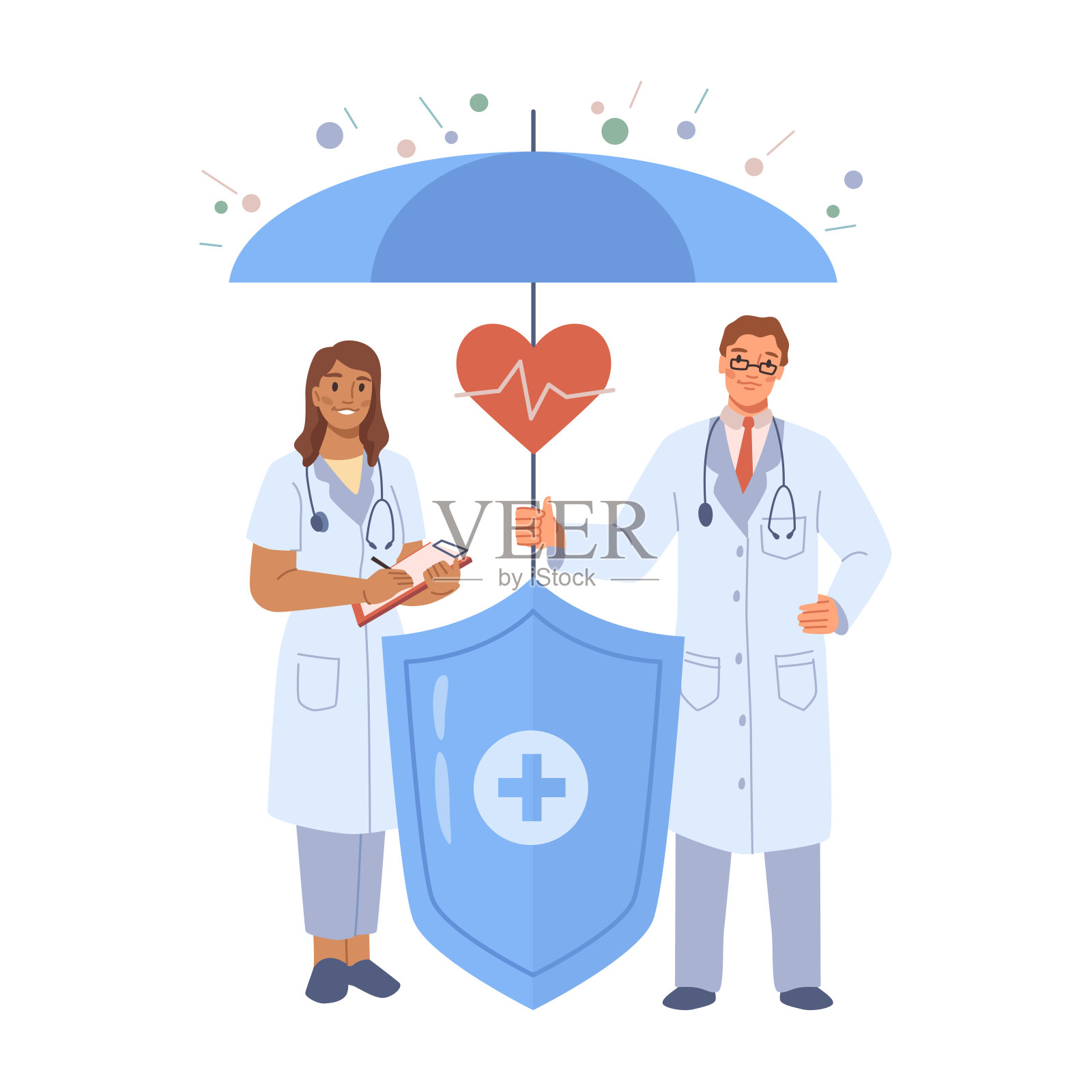 健康保险政策和专业医生和医务人员的保证帮助。如发生意外，可提供协助及保险。平面矢量插画图片素材