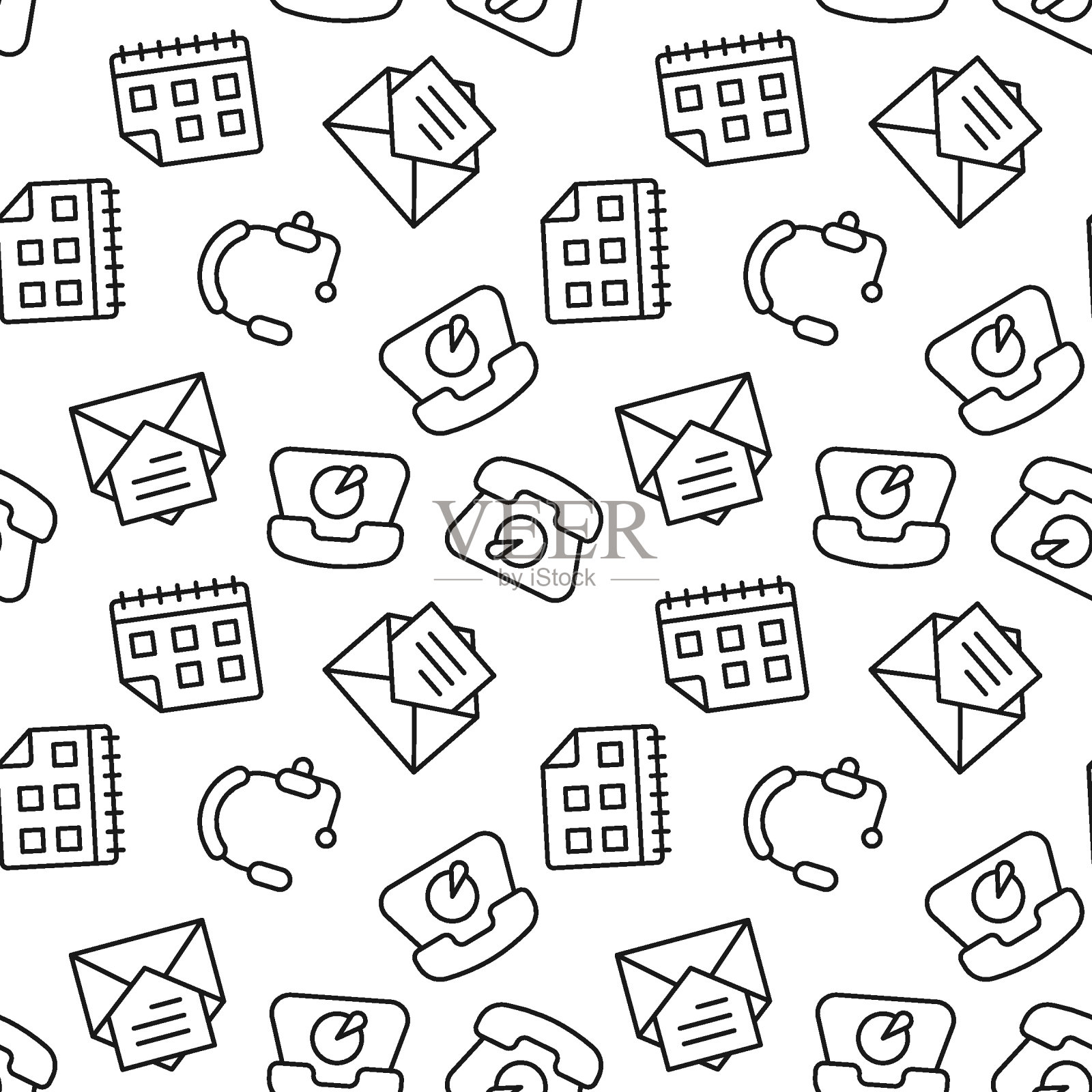 矢量无缝模式的日历，耳机，手机，信在信封上的白色背景。可用于纺织品，背景，标牌插画图片素材