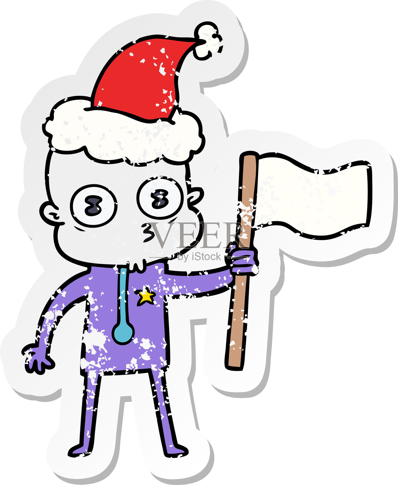 手绘心疼贴纸卡通一个奇怪的秃顶宇航员与国旗戴着圣诞老人的帽子设计元素图片