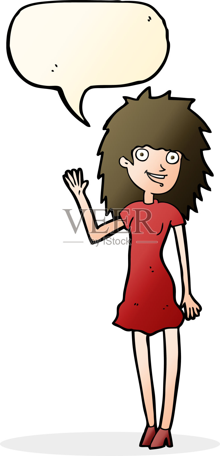 卡通快乐女子挥舞着言语泡泡设计元素图片