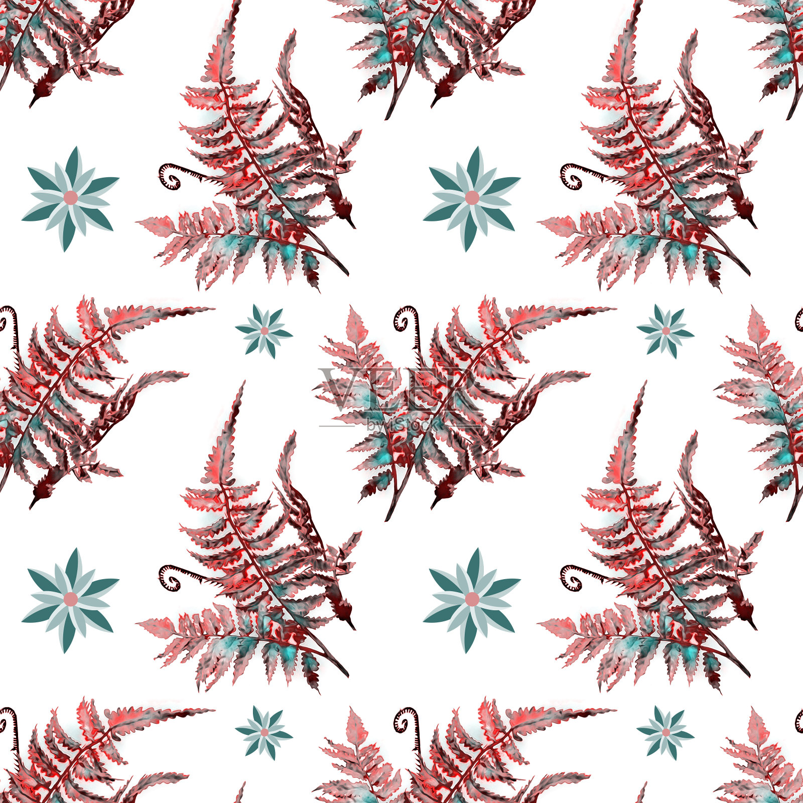 蕨类与花无缝模式。插画图片素材