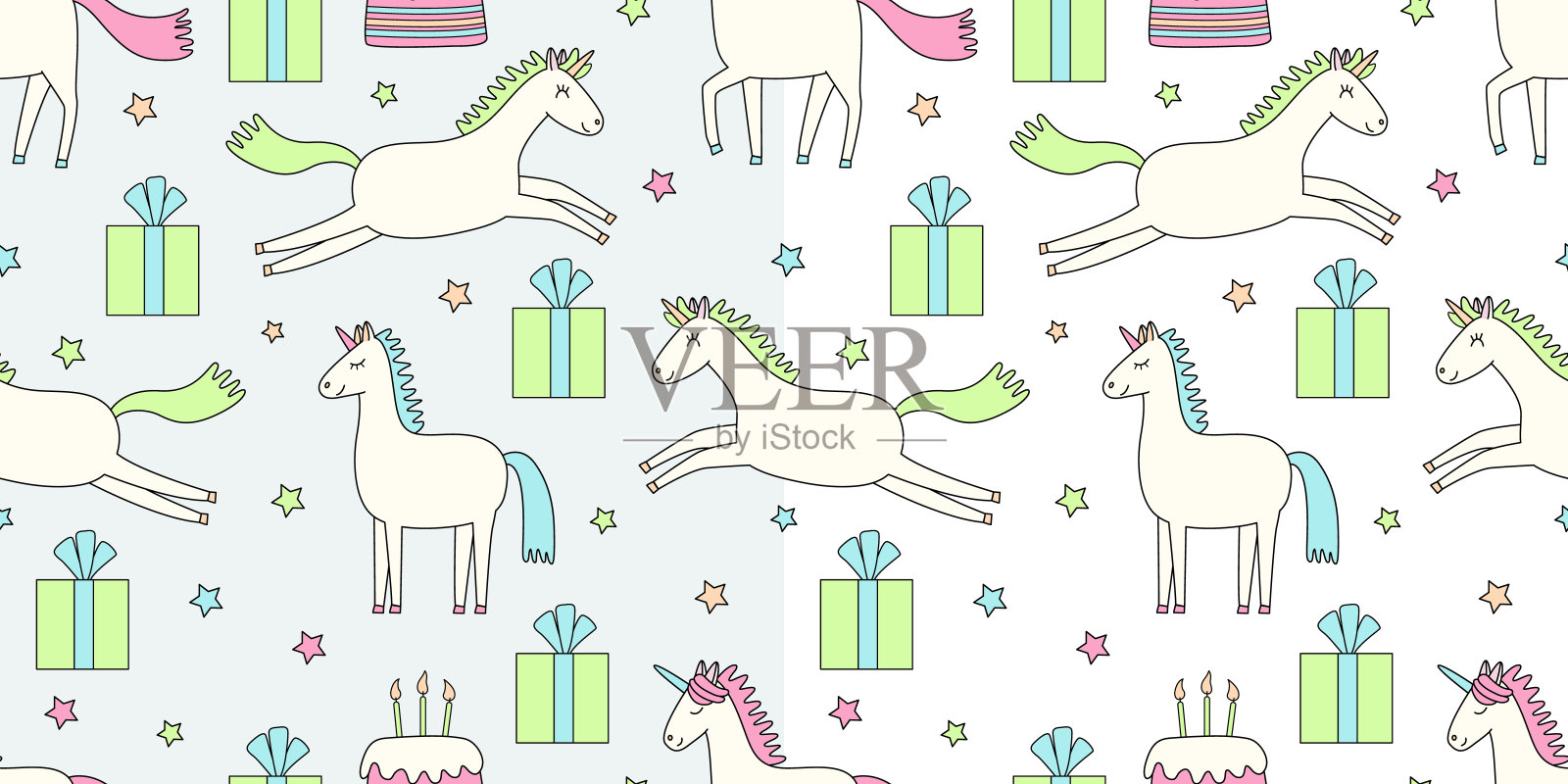 两个矢量无缝模式与独角兽，星星，生日礼物和蛋糕。手绘彩色涂鸦插图。很适合做包装纸。插画图片素材