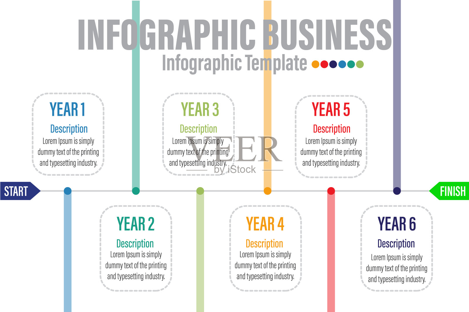 6步现代时间轴图表日历与年度矩形标题，演示矢量信息图。信息图表模板的业务。插画图片素材