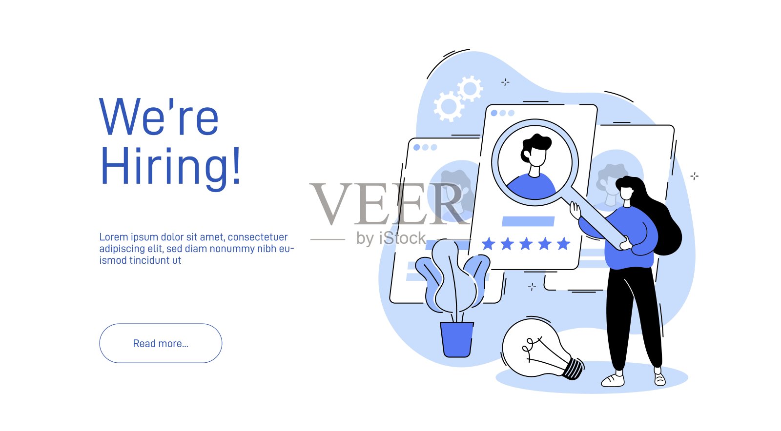 人力资源经理从潜在候选人中挑选员工。人才搜索。员工的简历。招聘登陆页设计采用现代蓝色风格。插画图片素材