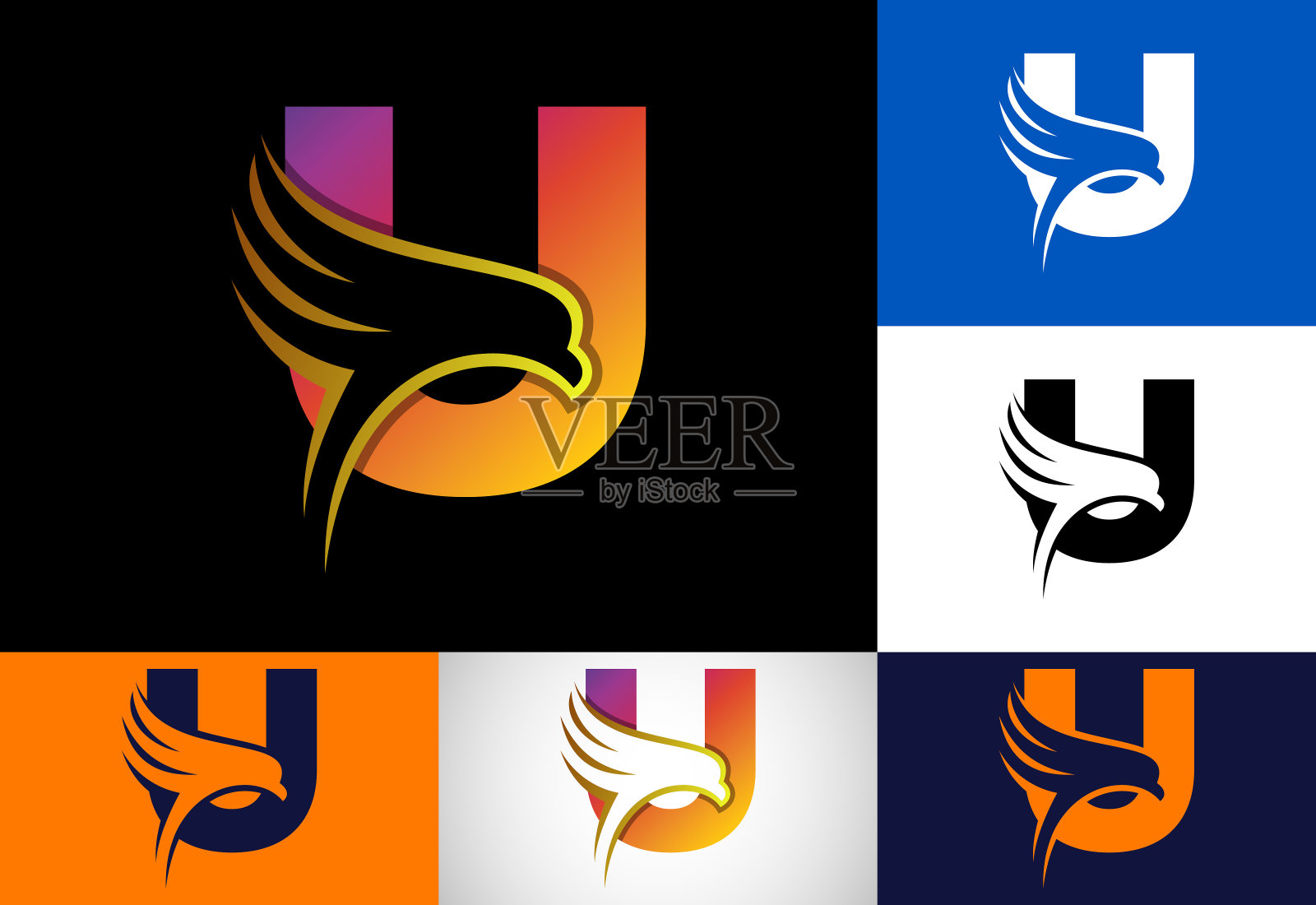 首字母U字母与鹰头负空间符号。创意鹰头标志设计插画图片素材
