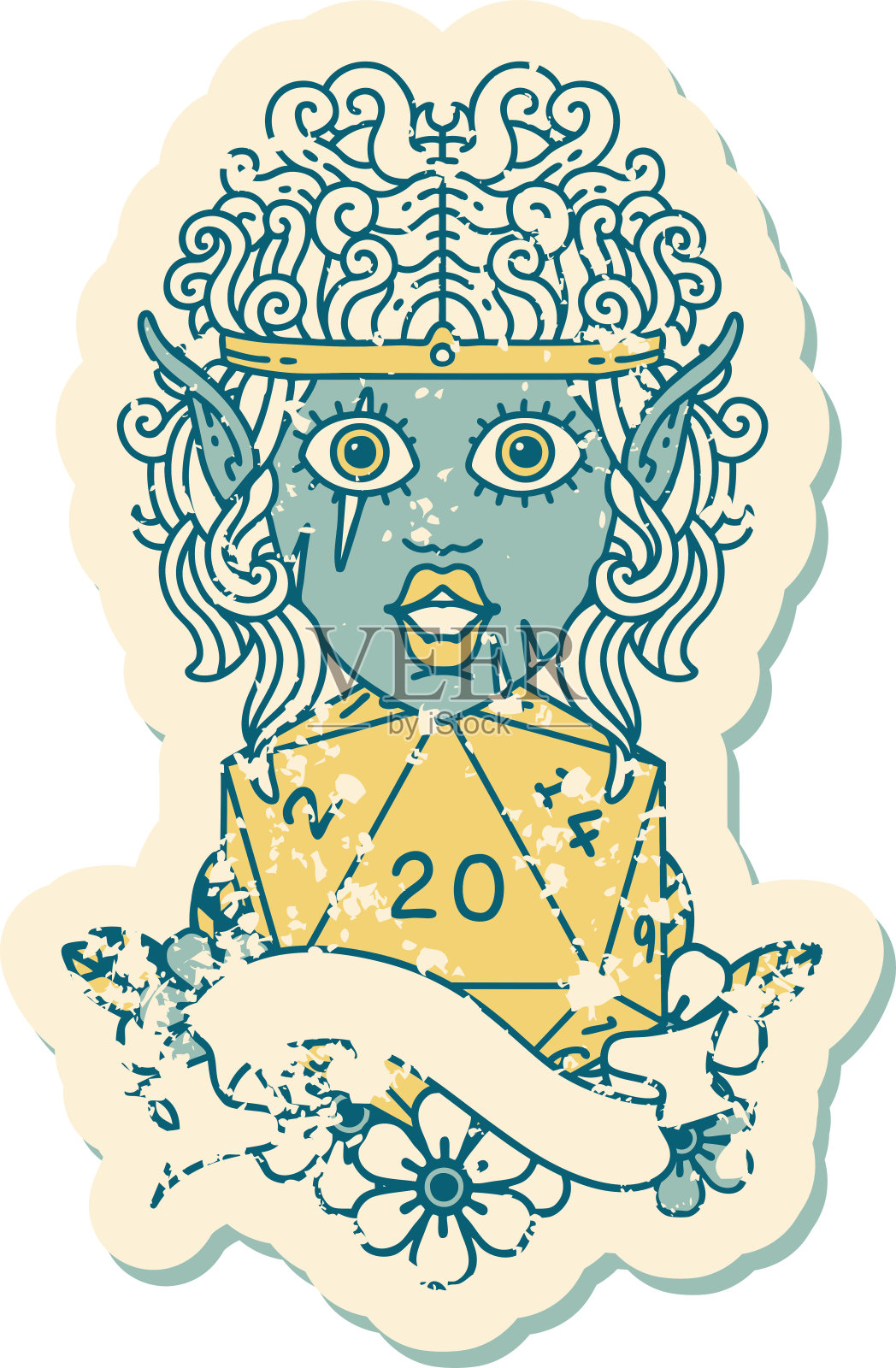 复古纹身风格精灵野蛮人性格脸与自然二十骰子滚动设计元素图片