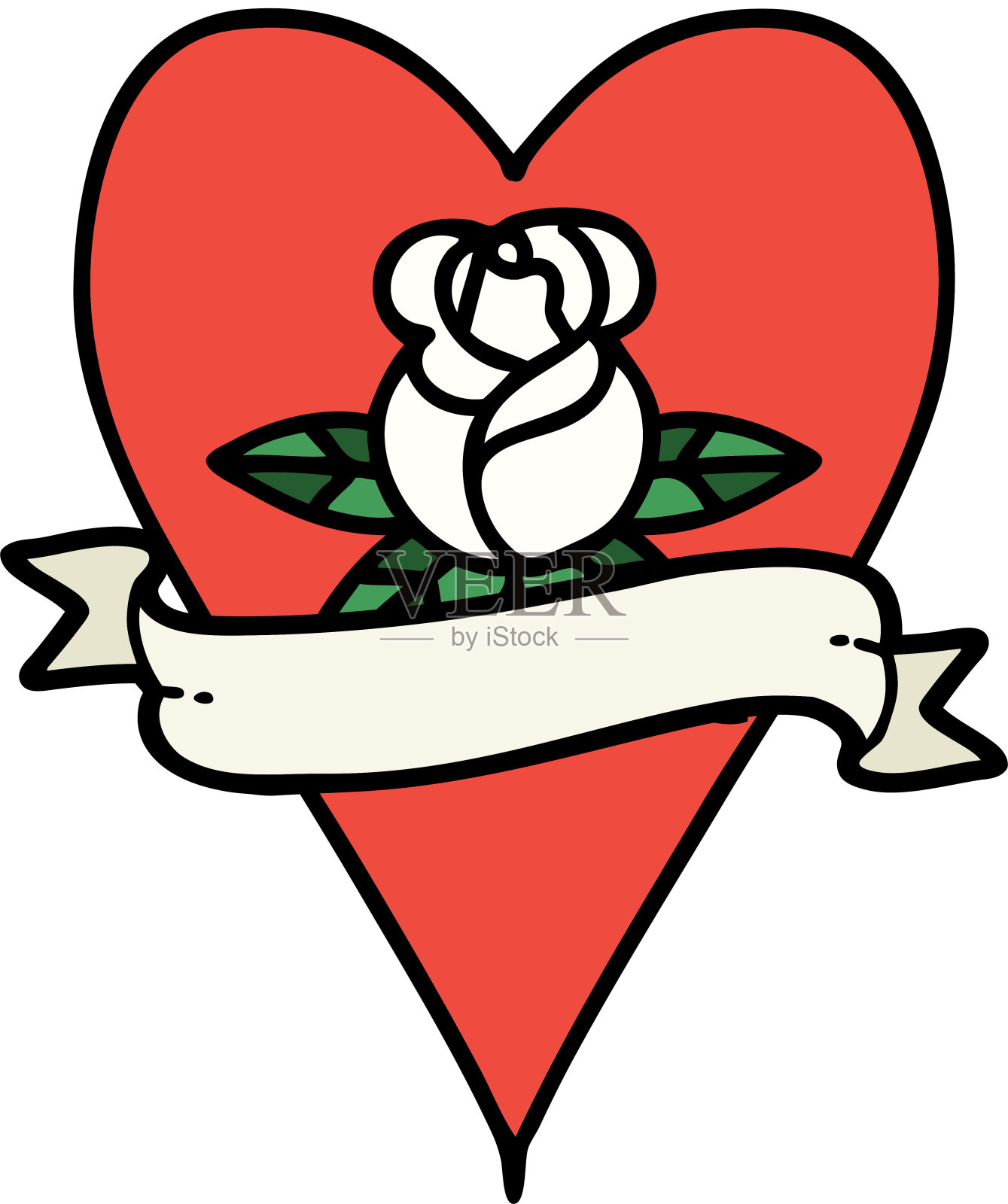 传统风格的心形玫瑰和旗帜纹身插画图片素材