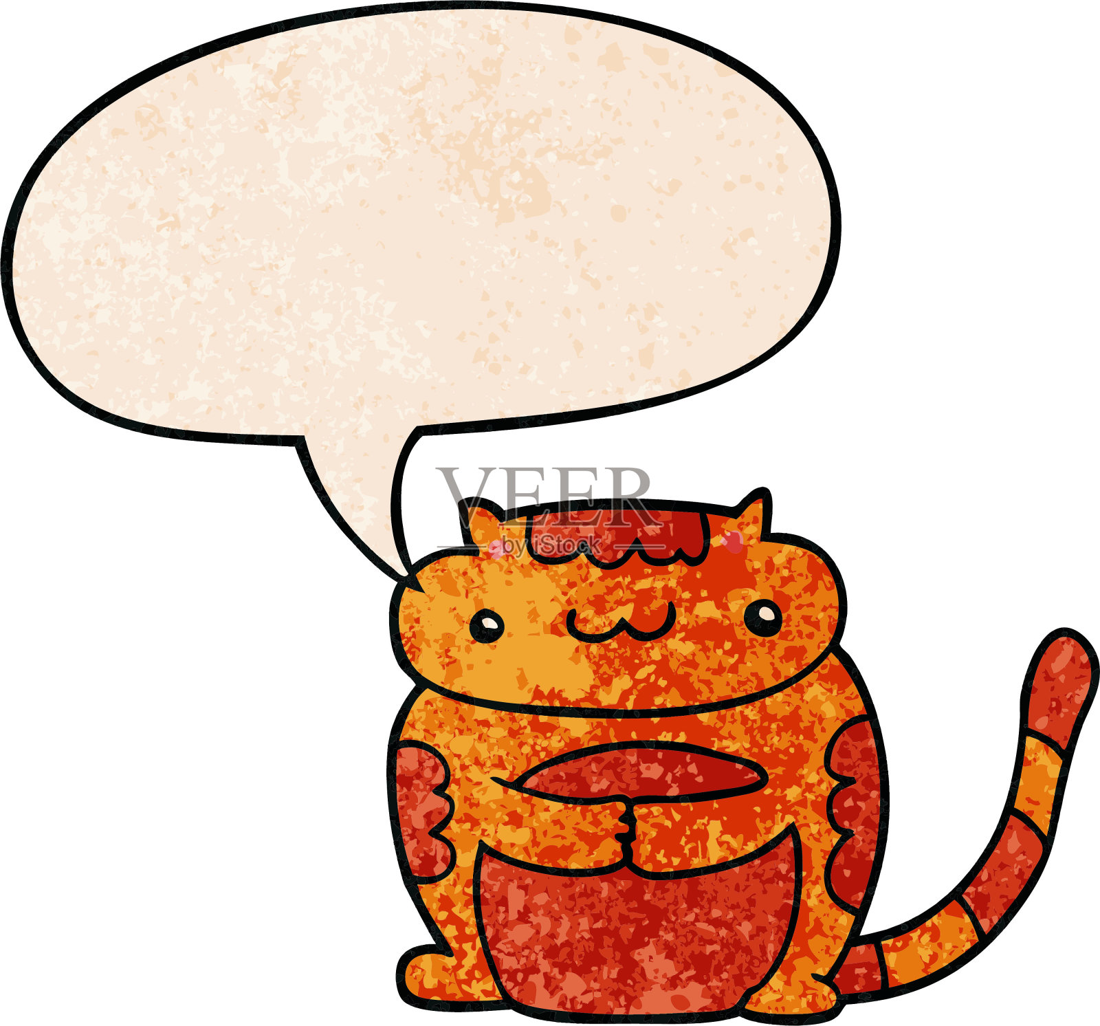 可爱的卡通猫与语音泡泡在复古的纹理风格插画图片素材