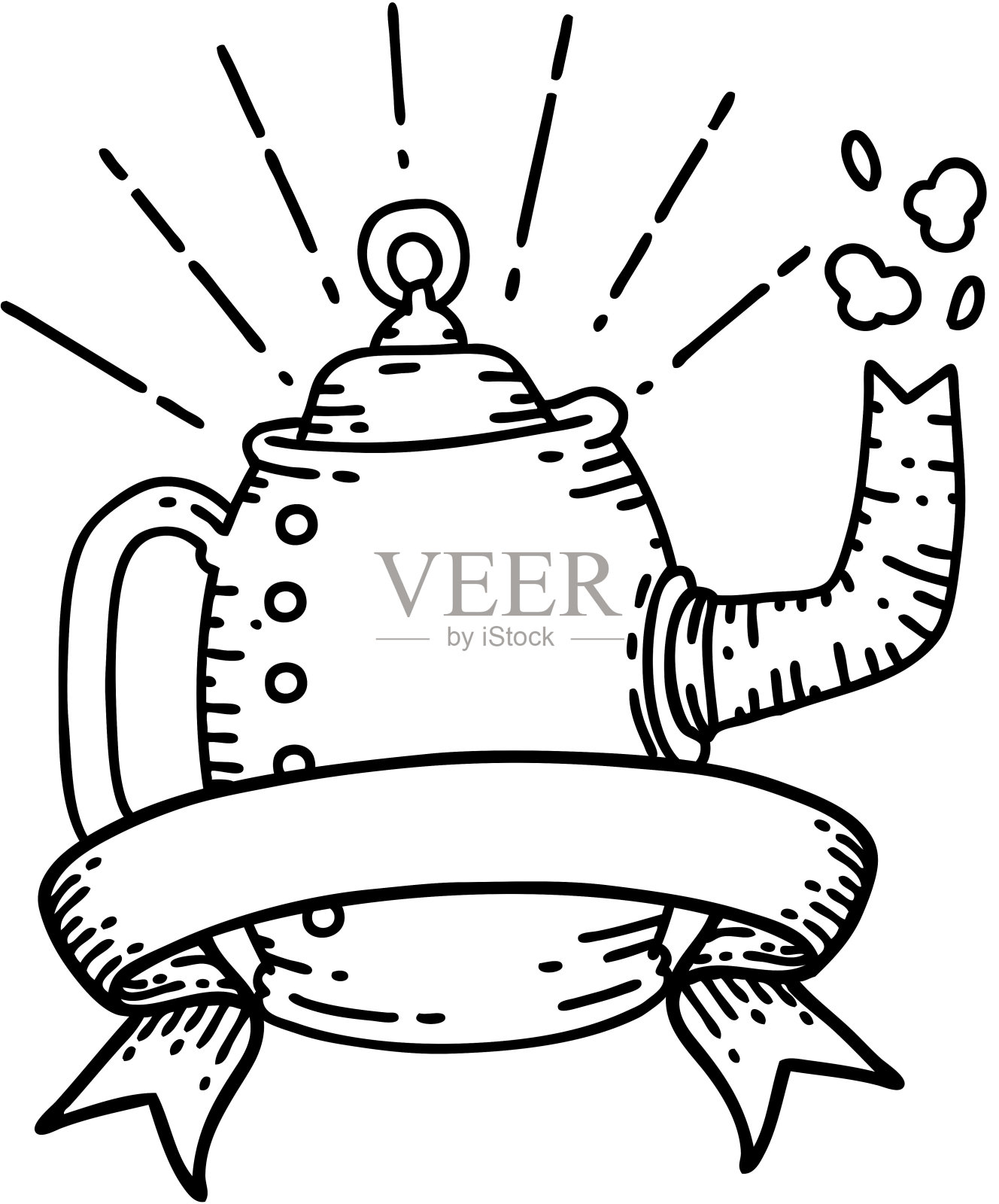 滚动横幅与黑线工作纹身风格老咖啡壶蒸设计元素图片