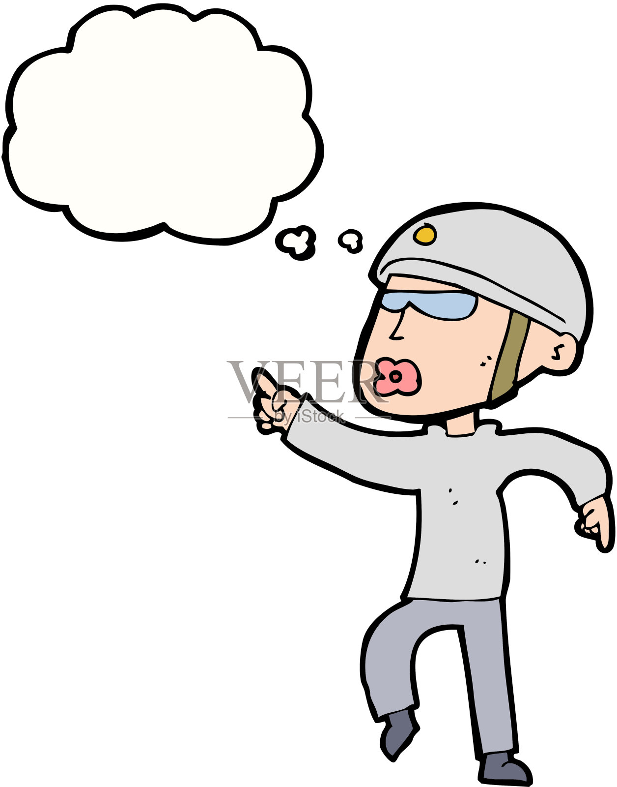 卡通男子在自行车头盔指向与思想泡泡设计元素图片