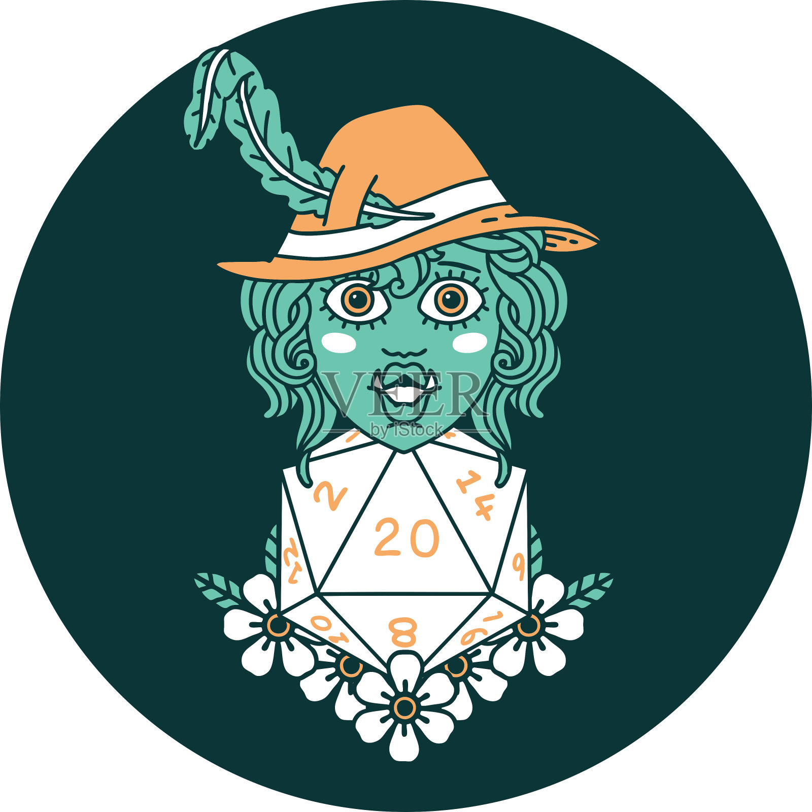 图标半兽人吟游诗人与自然二十骰子滚动插画图片素材