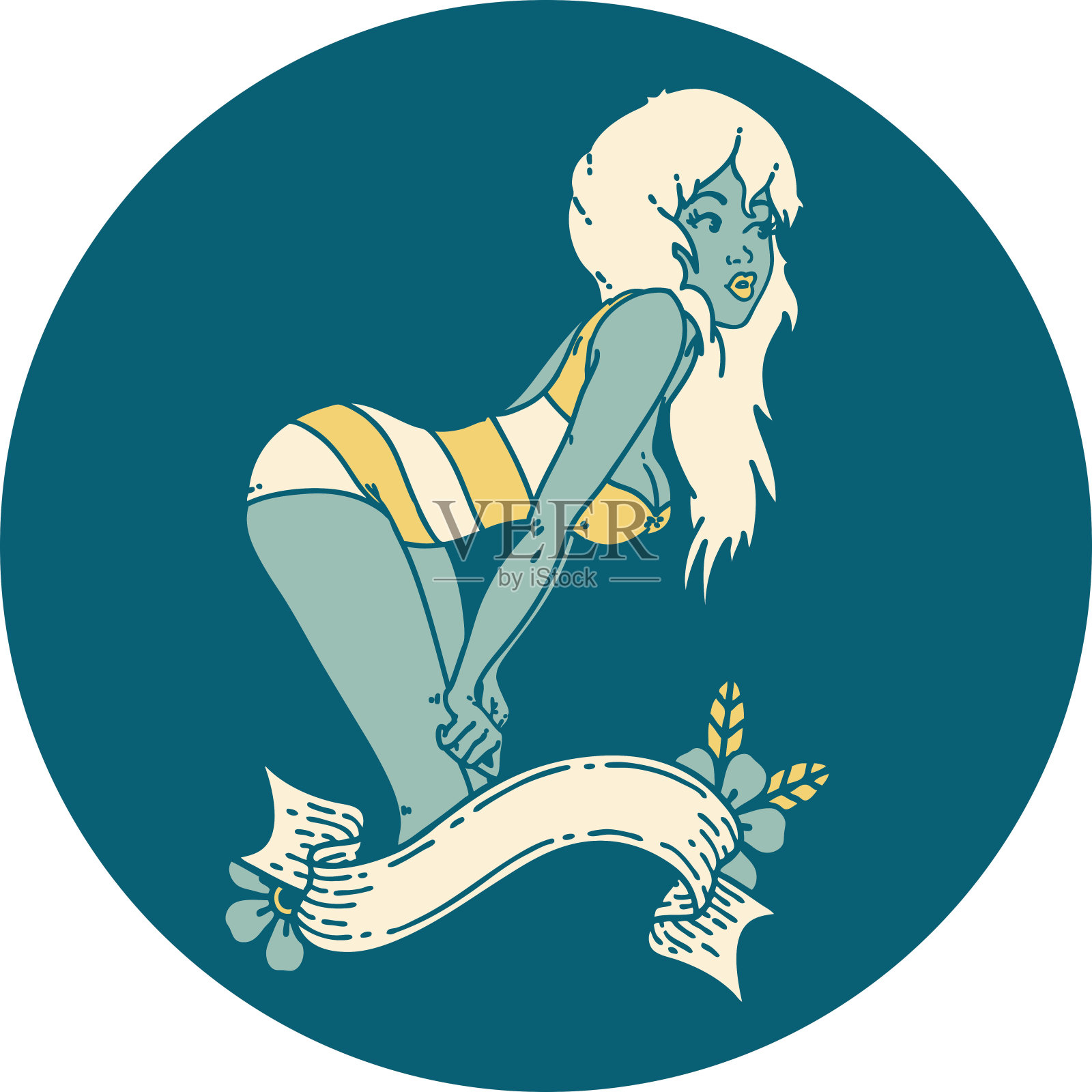 标志性的纹身风格的形象，在游泳服装与旗帜女郎插画图片素材