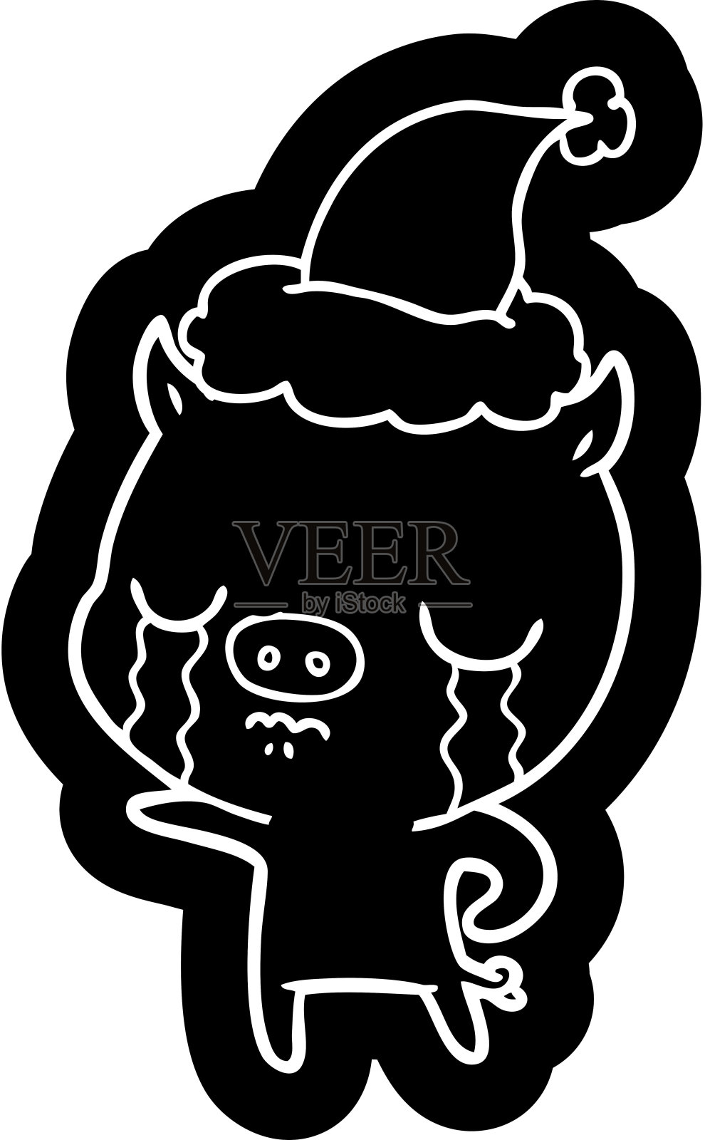 古怪的卡通形象，一头戴着圣诞老人帽子哭泣的猪插画图片素材