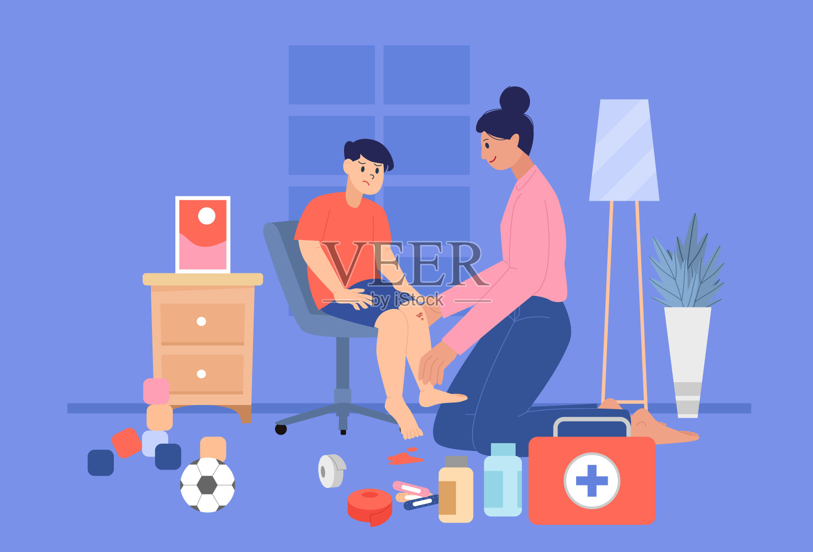 母亲用急救箱为踢足球时摔倒的儿子包扎插画图片素材