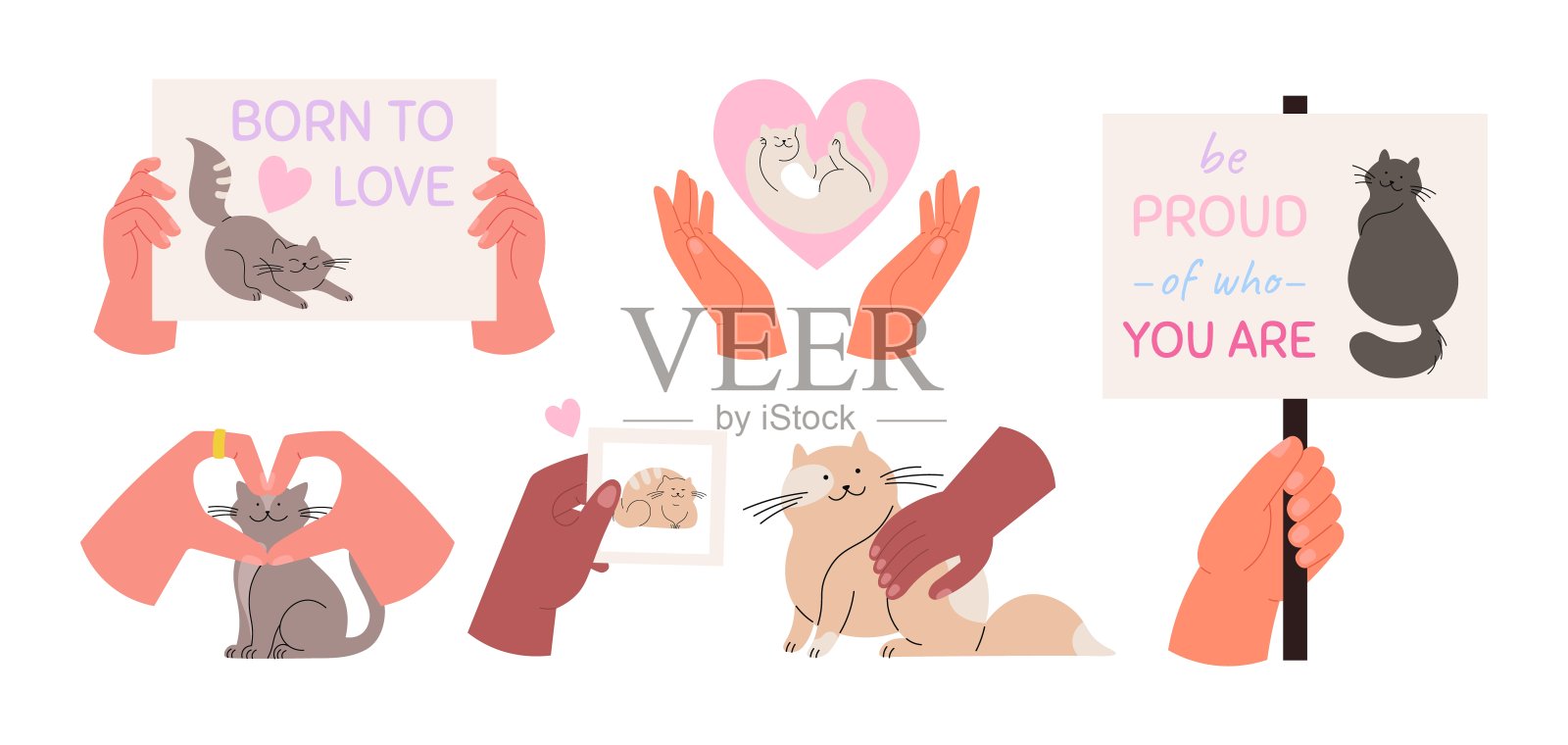 爱猫人士，手握印有猫和正面铭文的横幅和卡片。人的手抚摸小猫，卡通宠物和主人矢量集插画图片素材