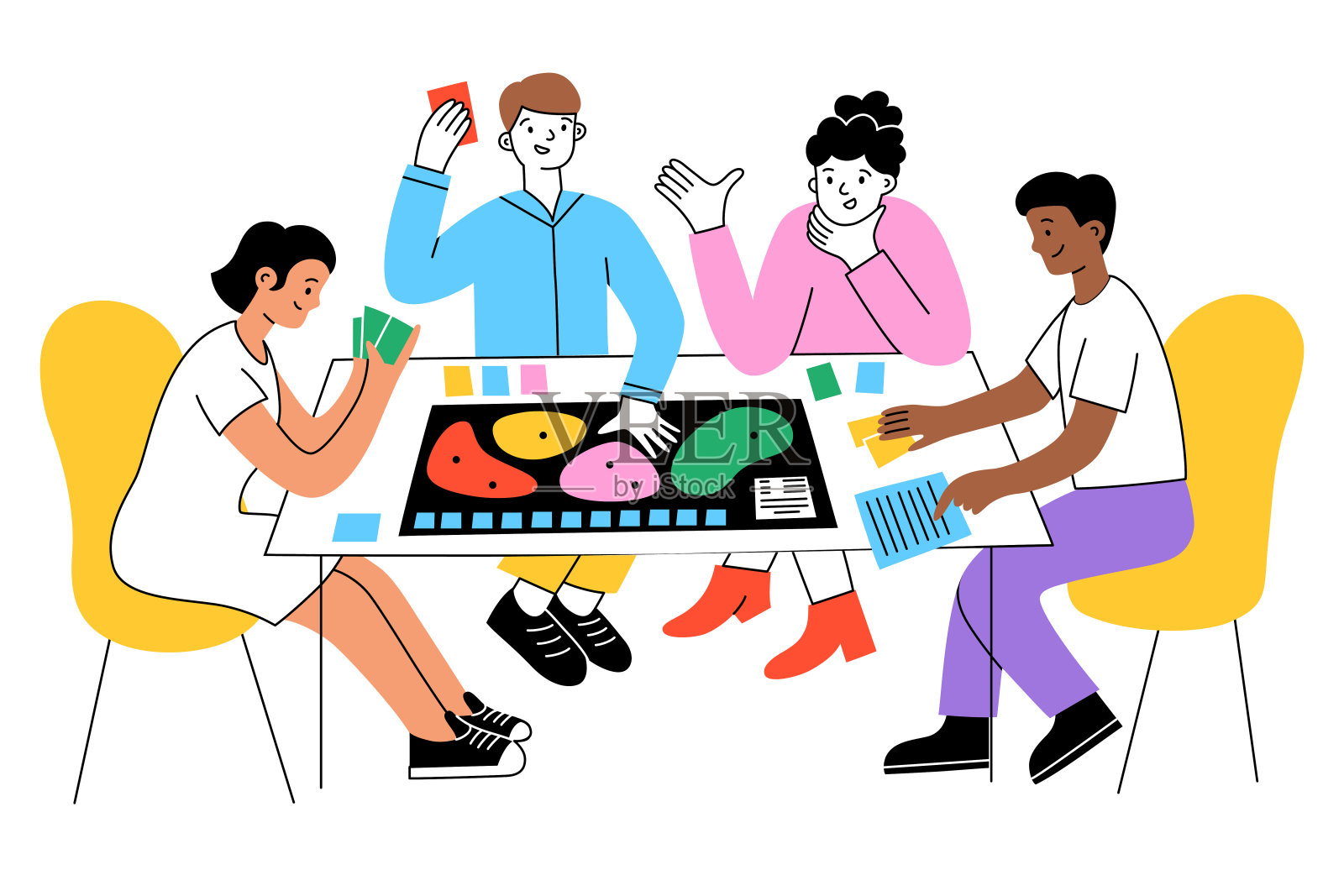 朋友在玩棋盘游戏。手绘彩色组成的桌面游戏。男性和女性角色玩得开心的矢量插图。家庭休闲活动插画图片素材