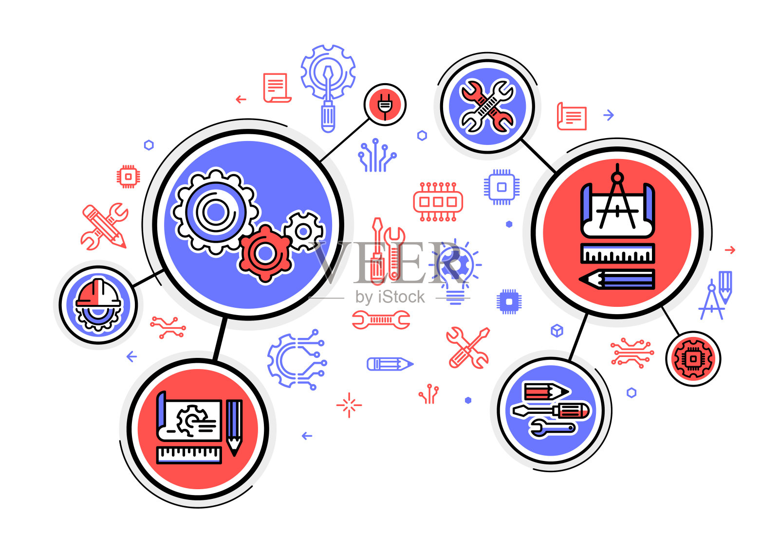 工程和修复一些技术系统矢量图，解决机械和硬件问题。插画图片素材