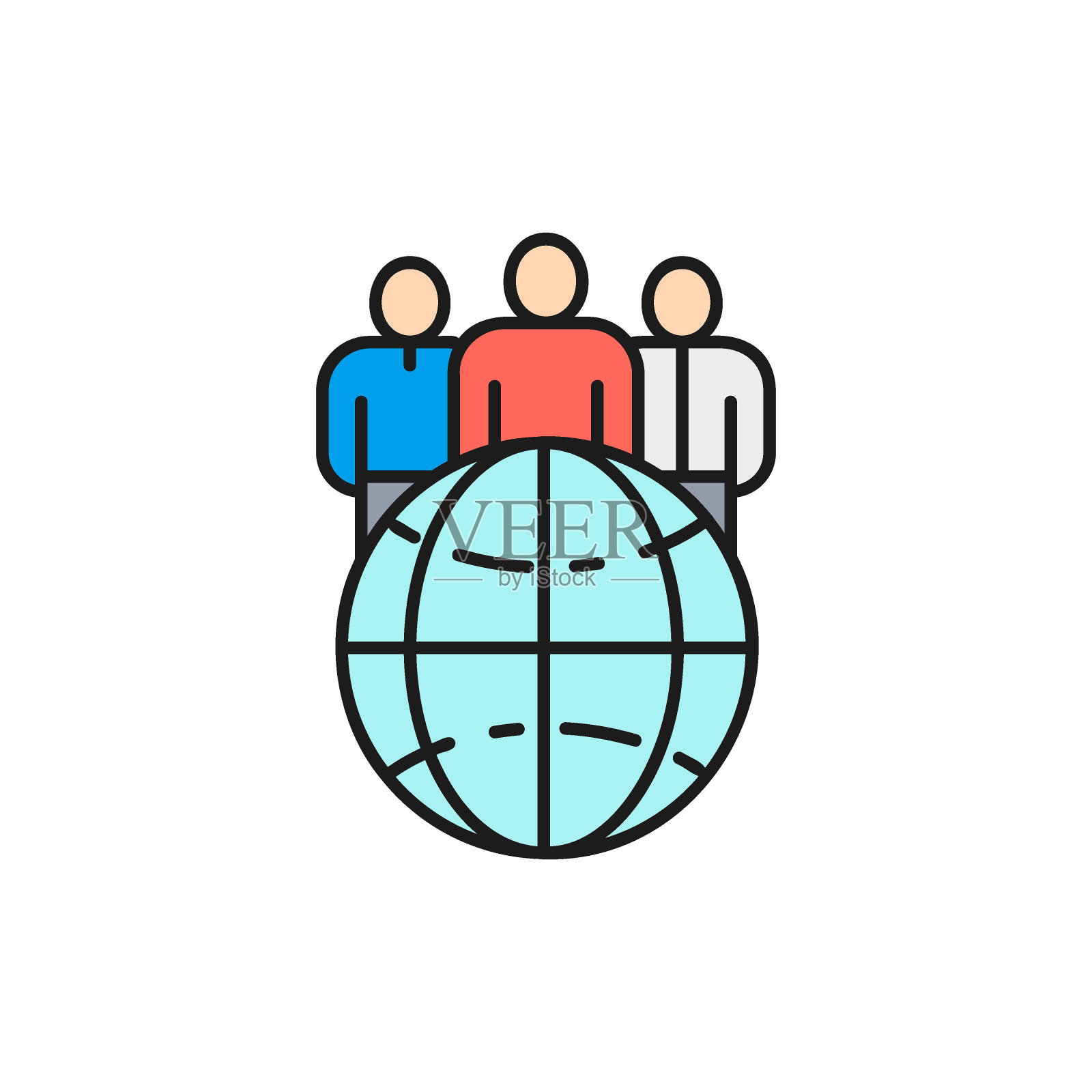 地球以群人、民族、国际队的颜色直线图标。全球科技，互联网，社交网络符号设计。图标素材