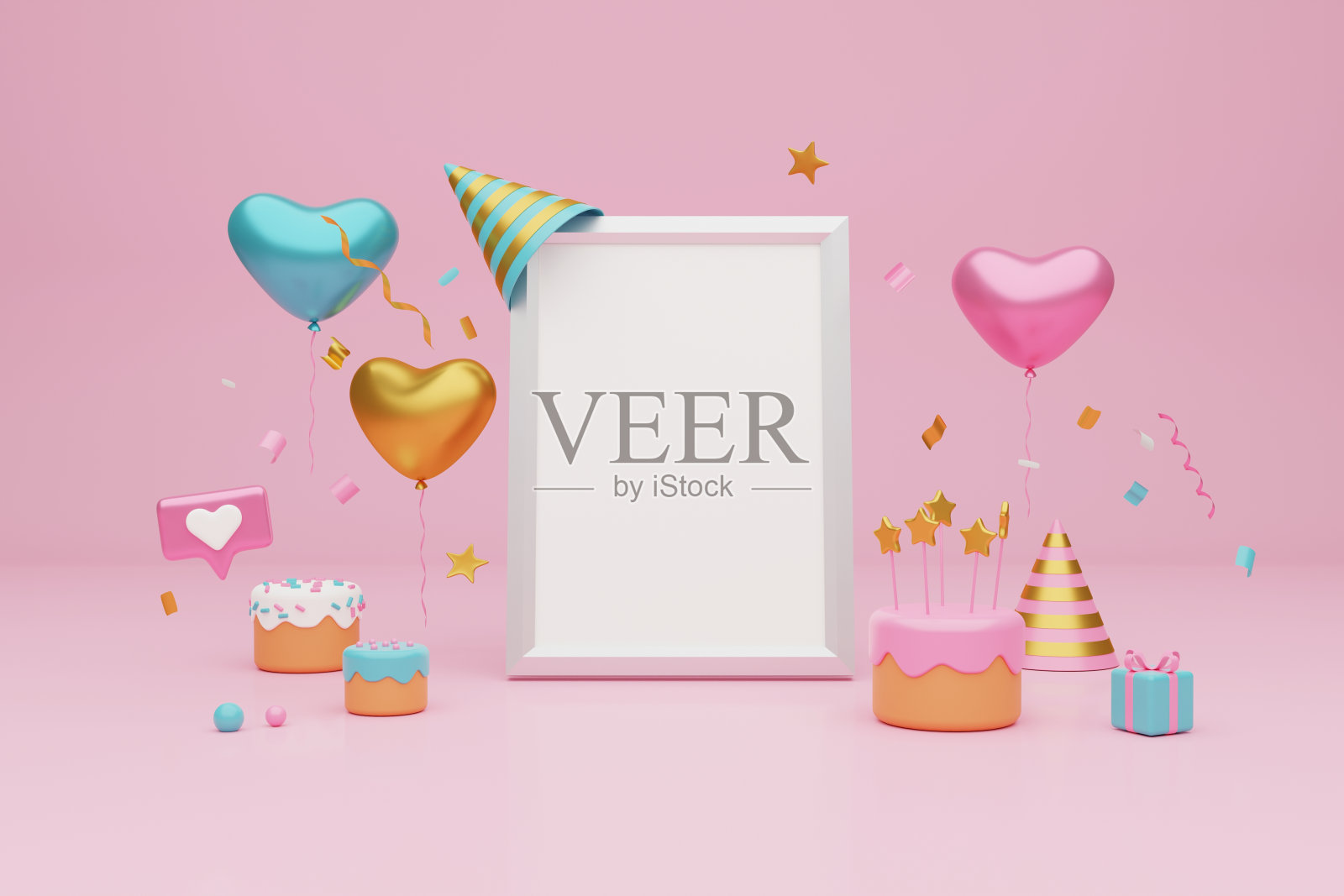 节日的背景。淡粉色和蓝色蛋糕，礼盒和框架在浅粉色的背景。三维渲染照片摄影图片