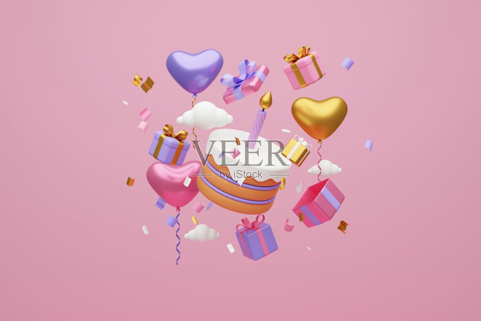 节日的背景。淡粉色和紫色蛋糕，礼盒上的浅粉色背景。三维渲染照片摄影图片