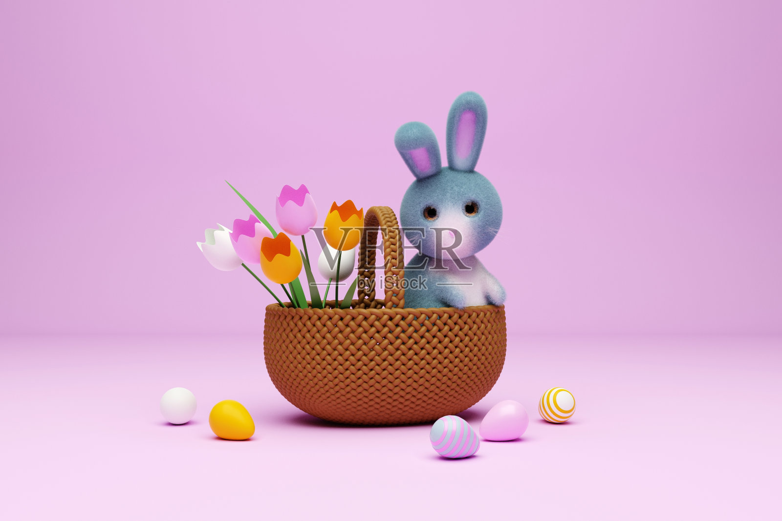 复活节可爱的兔子与篮子，鸡蛋和花在浅粉色的背景。三维渲染照片摄影图片