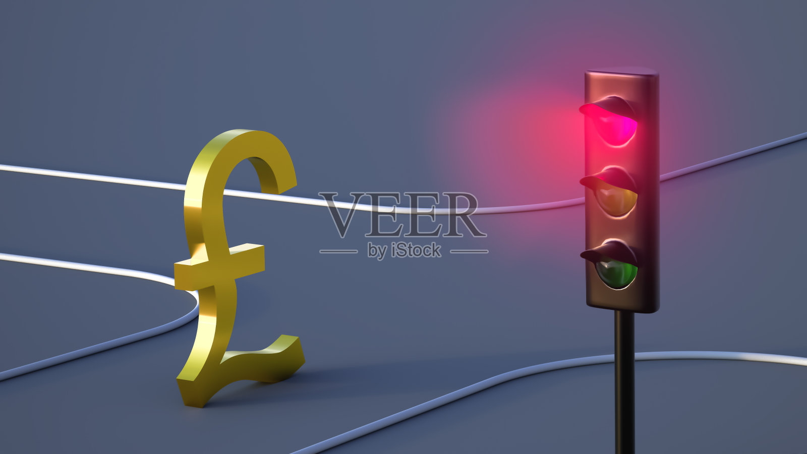 金色的英镑标志立在红色交通灯前的道路上。金融的概念。三维渲染照片摄影图片