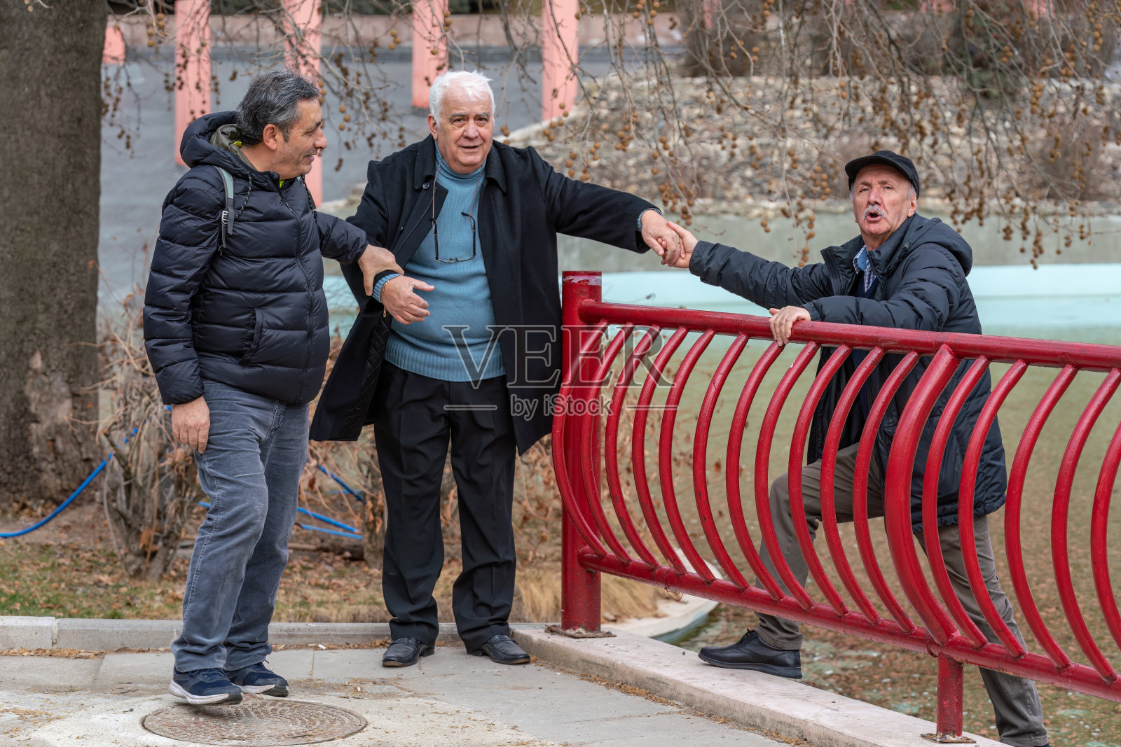 活跃的老朋友在公园和咖啡馆度过美好的一天，帮助。照片摄影图片