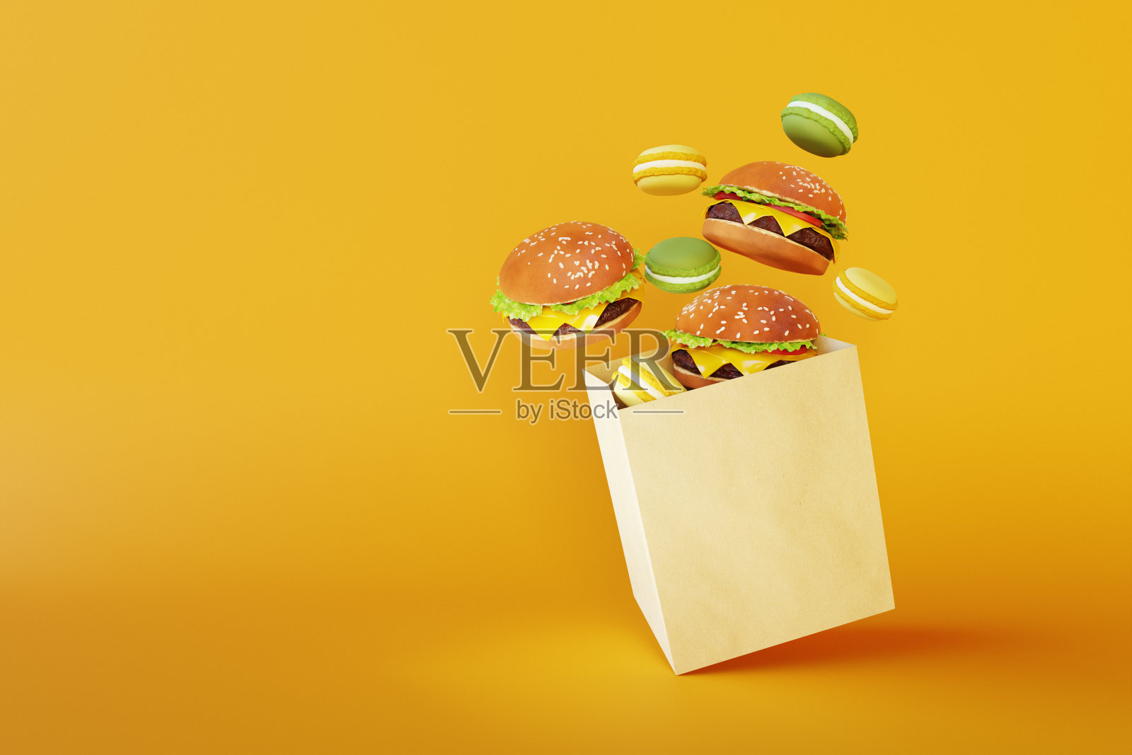 食品交付。经典的汉堡和蛋白杏仁饼从纸包里飞出来。三维渲染照片摄影图片