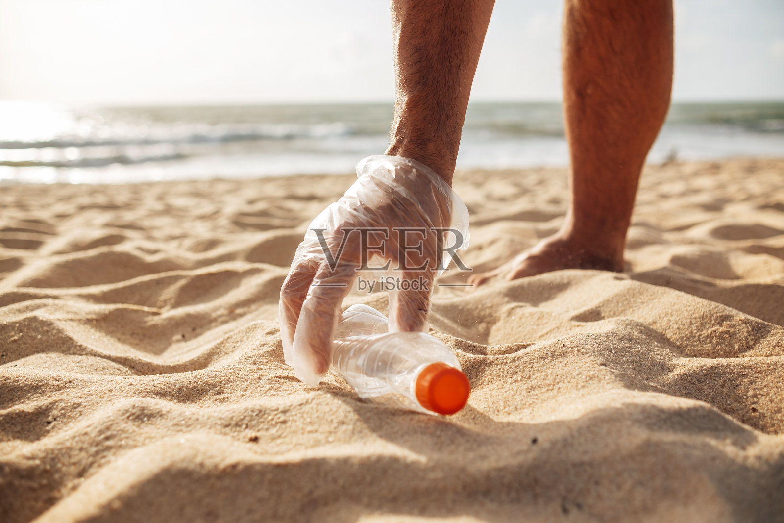 志愿者在海滩上收集垃圾。生态系统概念照片摄影图片