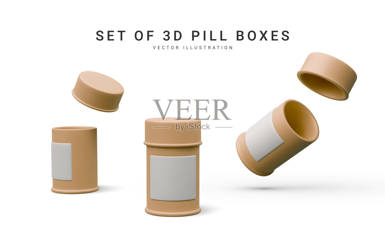 一套三维现实药丸盒孤立在白色背景。矢量图插画图片素材